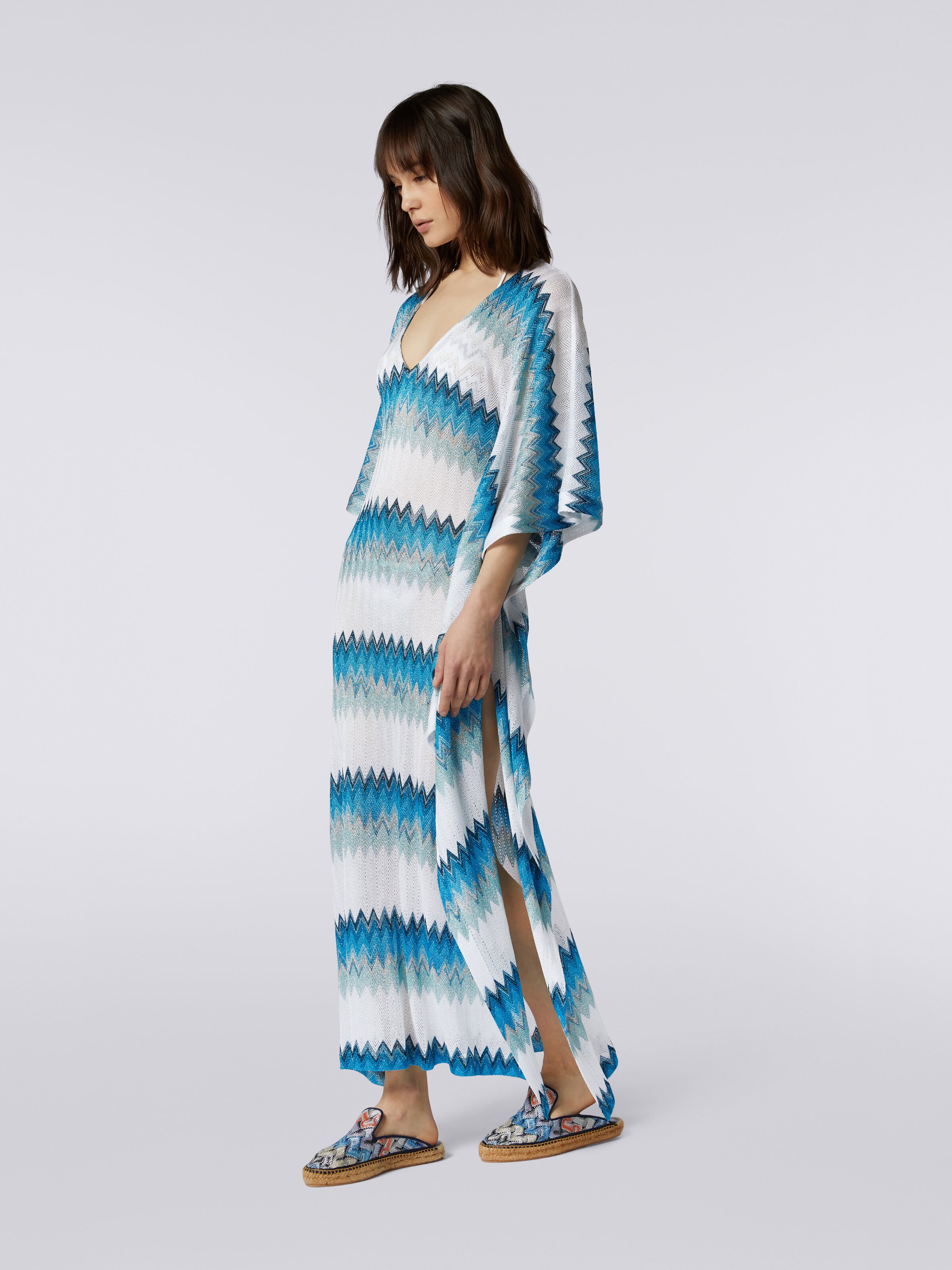 Long viscose kaftan cover up with zigzag and lamé, White, Blue & Sky Blue - 2