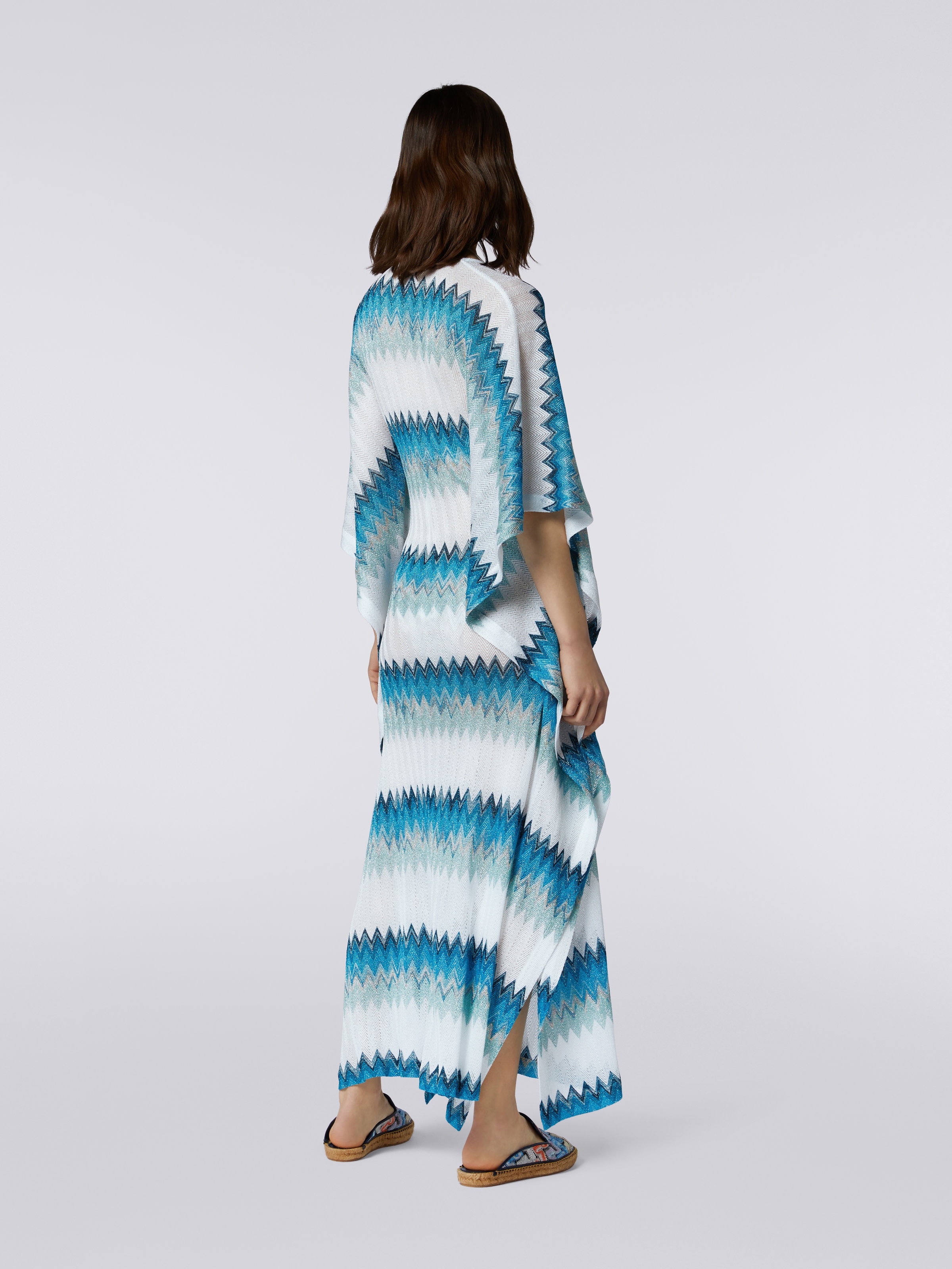 Long viscose kaftan cover up with zigzag and lamé, White, Blue & Sky Blue - 3