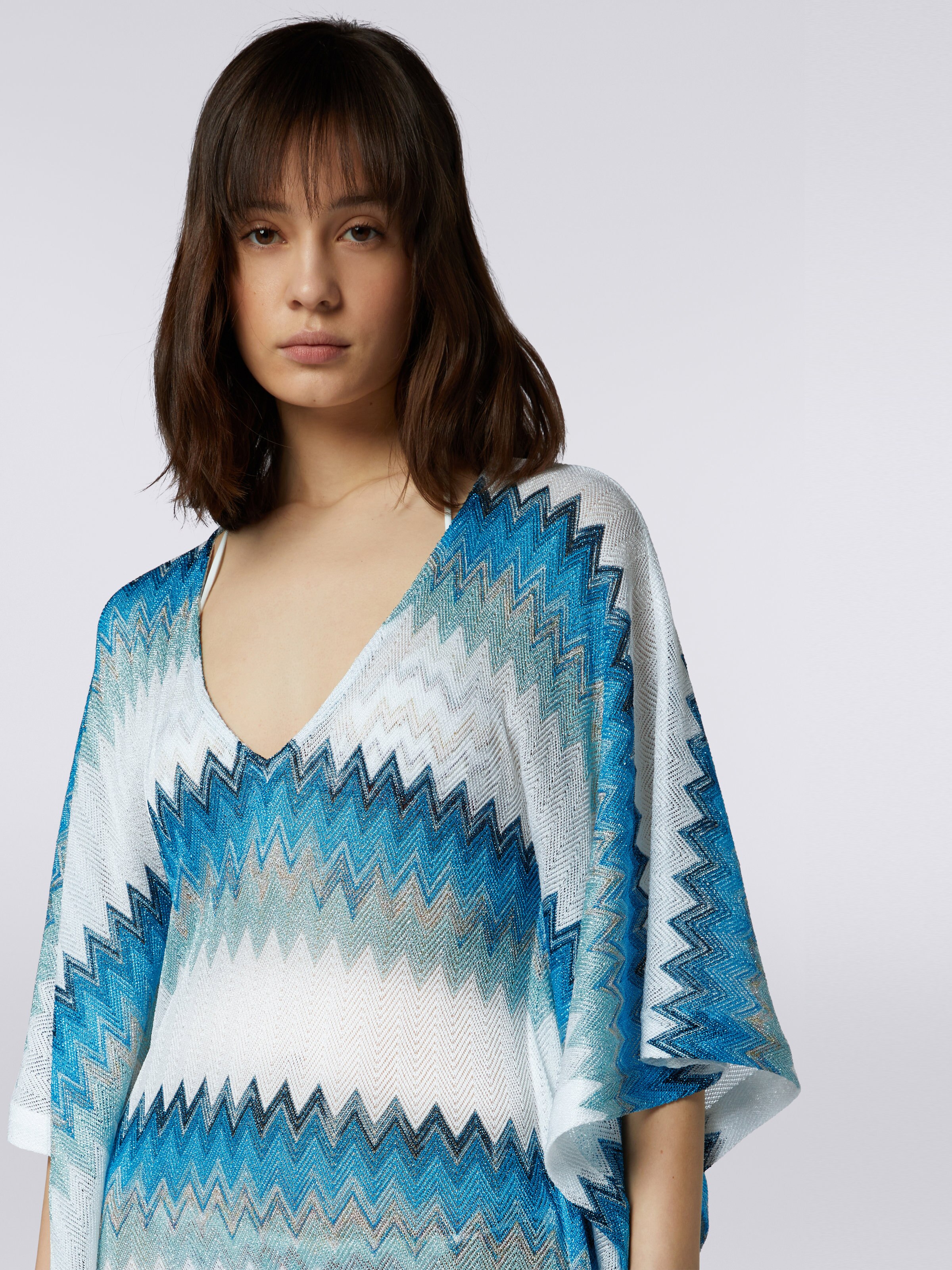 Long viscose kaftan cover up with zigzag and lamé, White, Blue & Sky Blue - 4