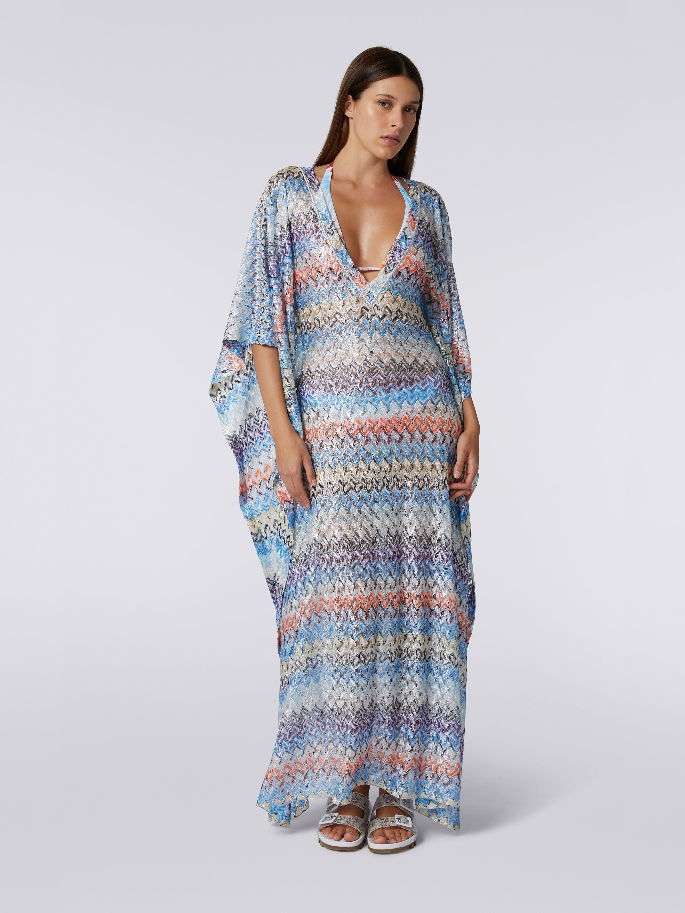 Long multicoloured viscose knit kaftan cover up, Multicoloured - 1