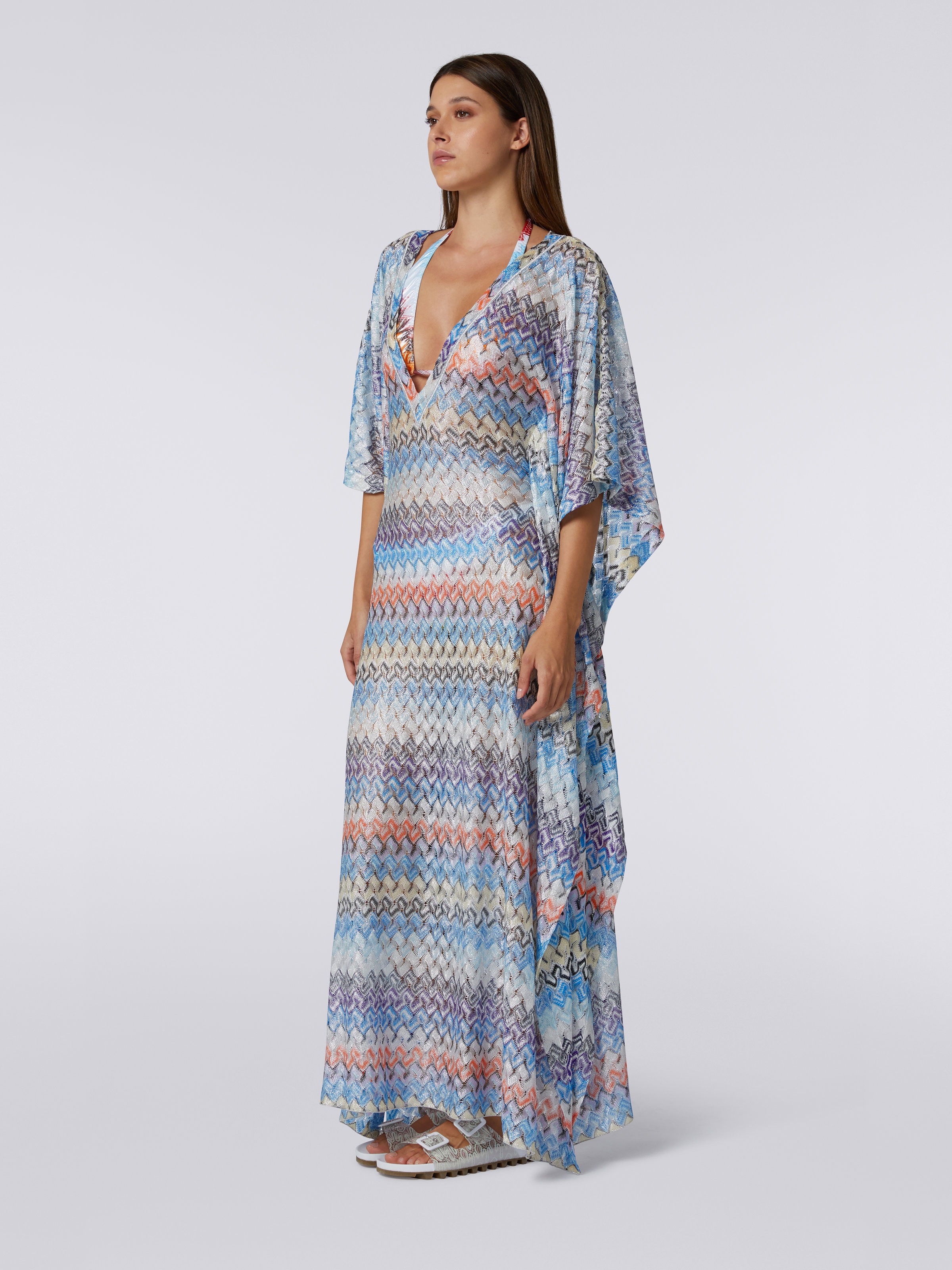 Long multicoloured viscose knit kaftan cover up, Multicoloured - 2