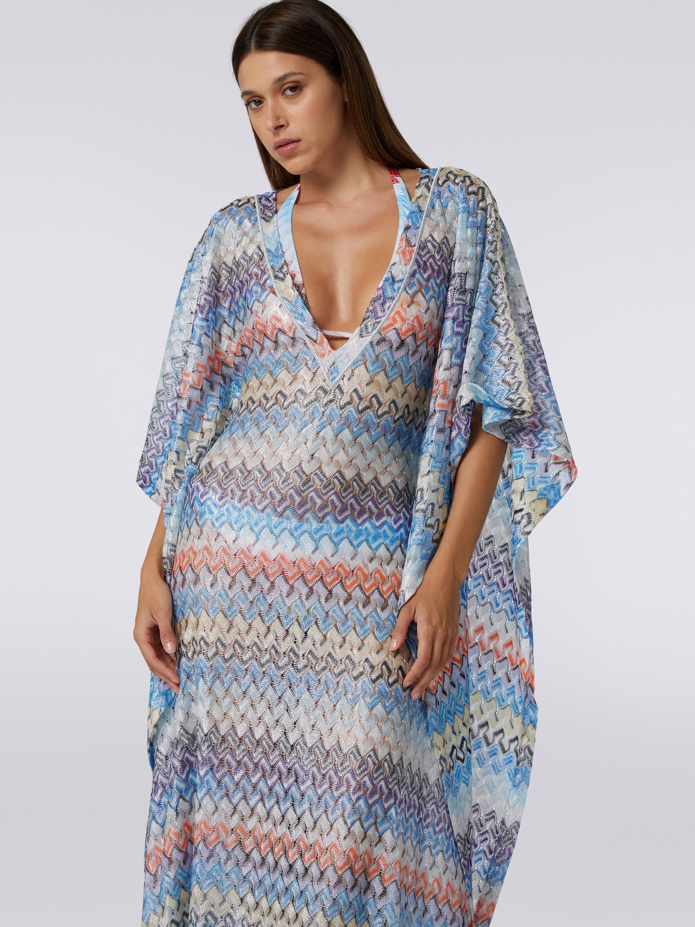 Long multicoloured viscose knit kaftan cover up, Multicoloured - 4