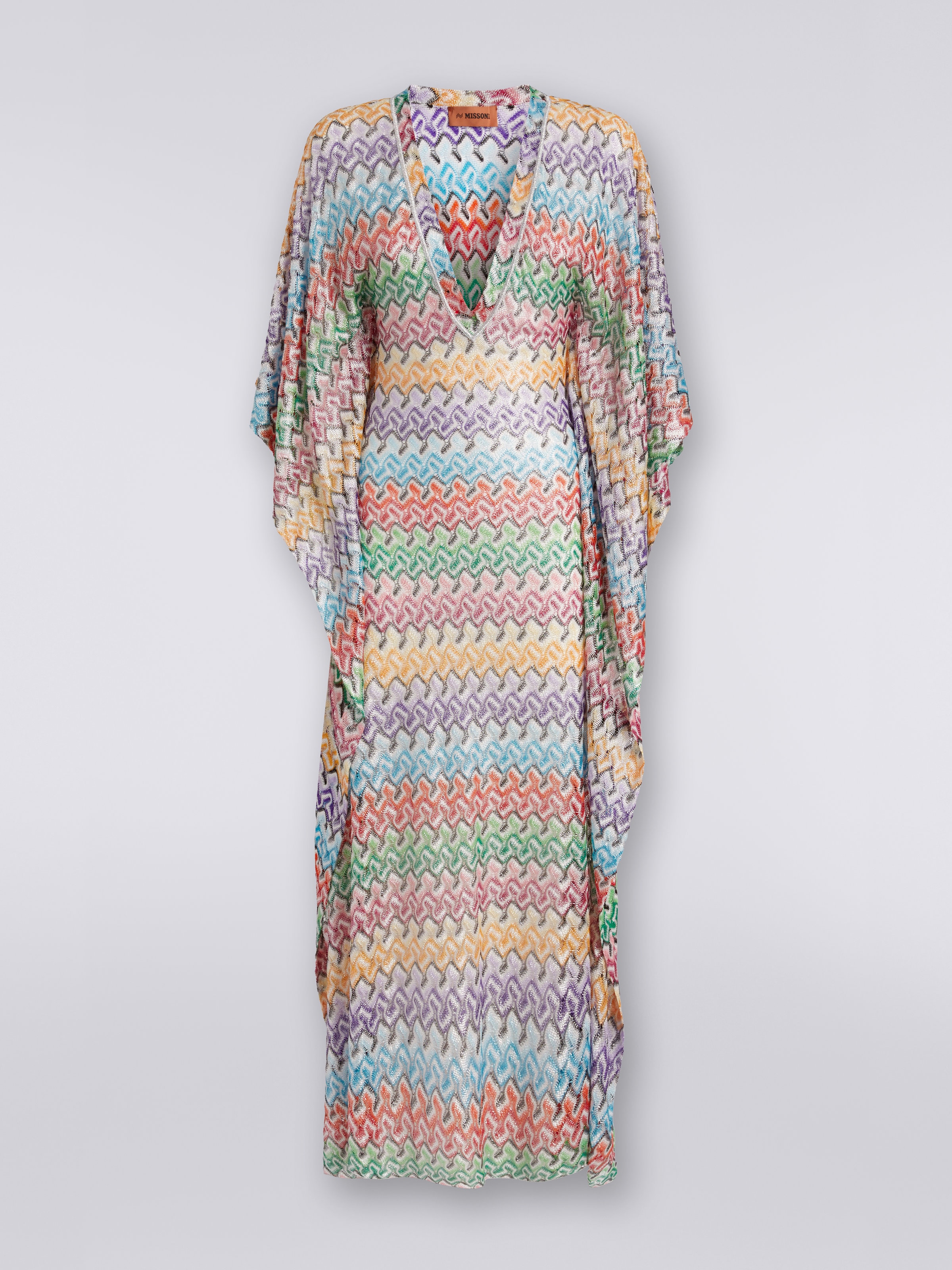 Long viscose knit kaftan cover up, Multicoloured - 0