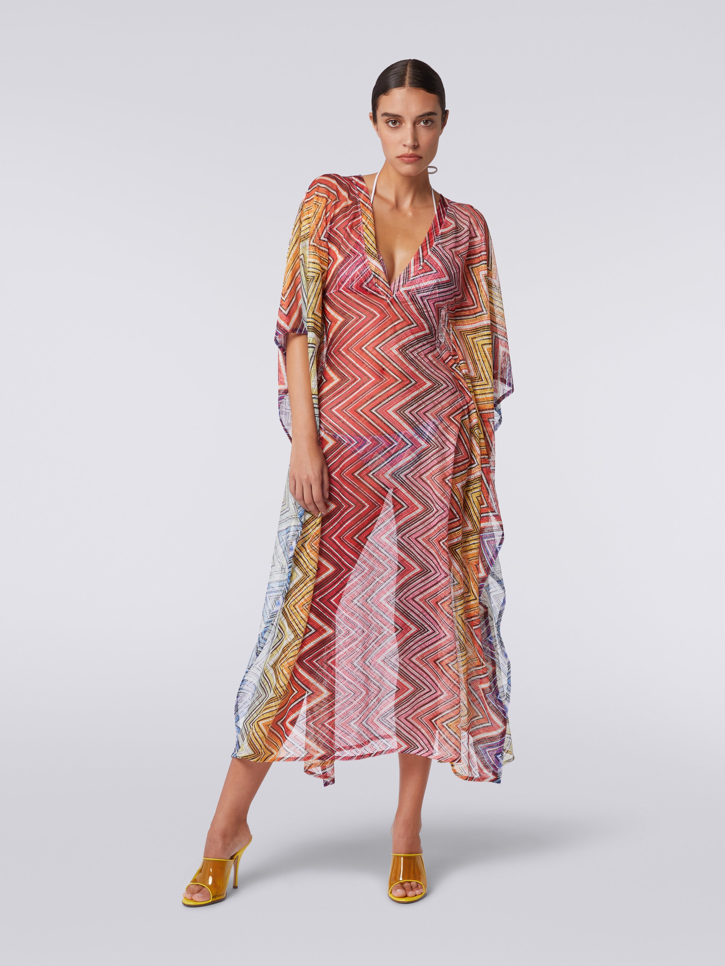 Langer Kaftan zum Überziehen am Strand aus Stoff mit Zickzack-Print, Mehrfarbig  - 1