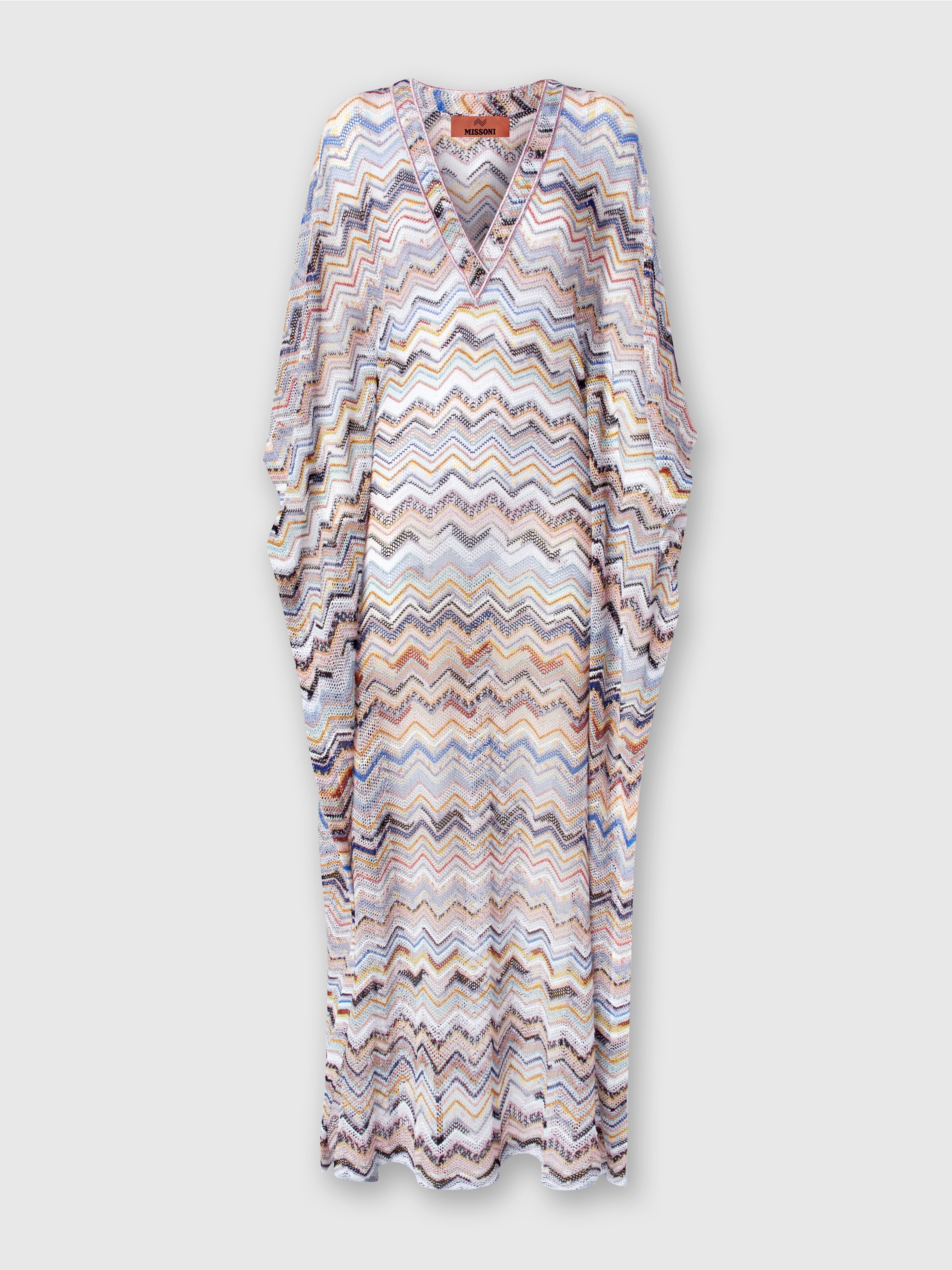 Long cover up kaftan in zigzag viscose with lurex, Multicoloured  - 0