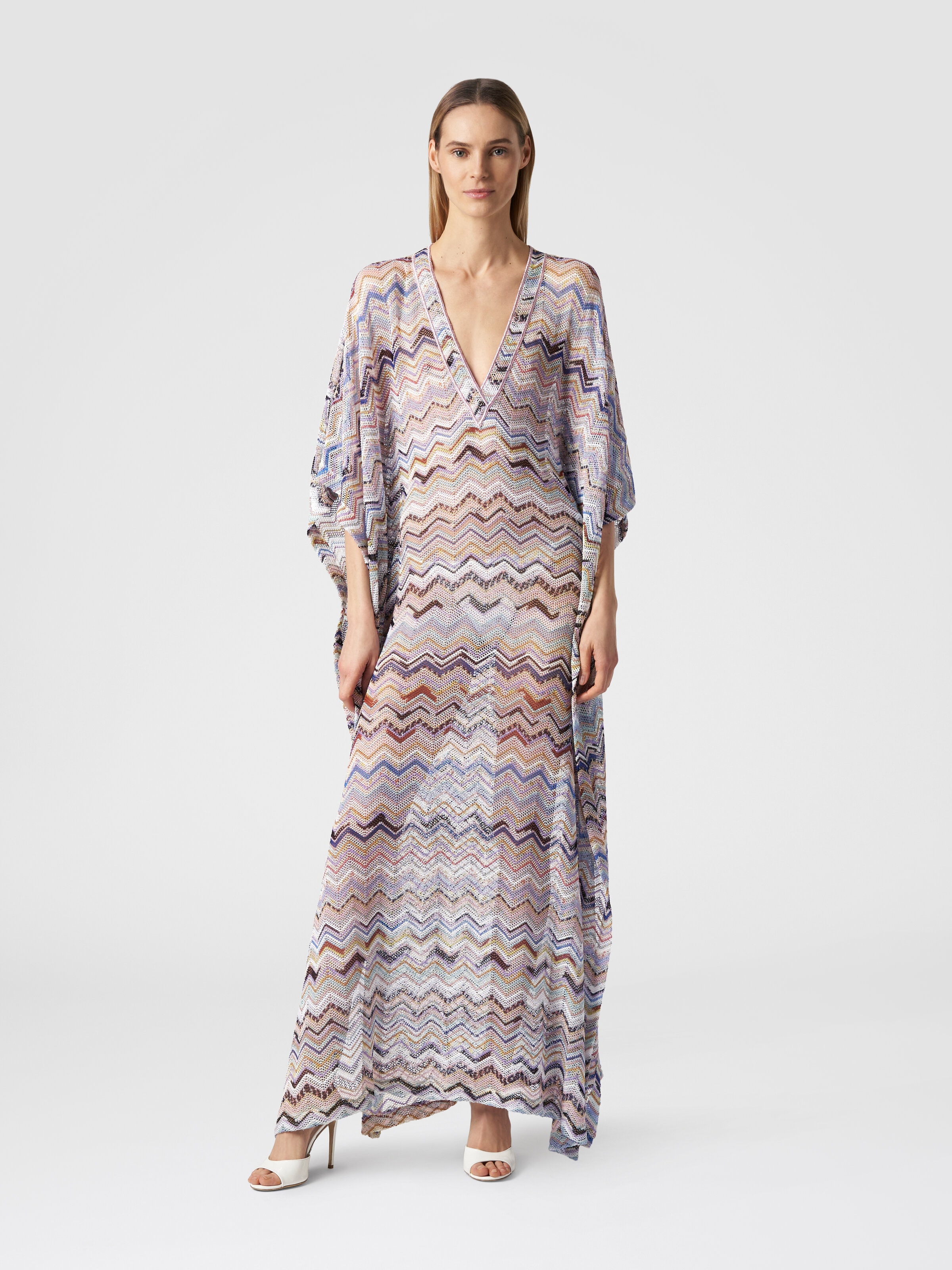 Long cover up kaftan in zigzag viscose with lurex, Multicoloured  - 1
