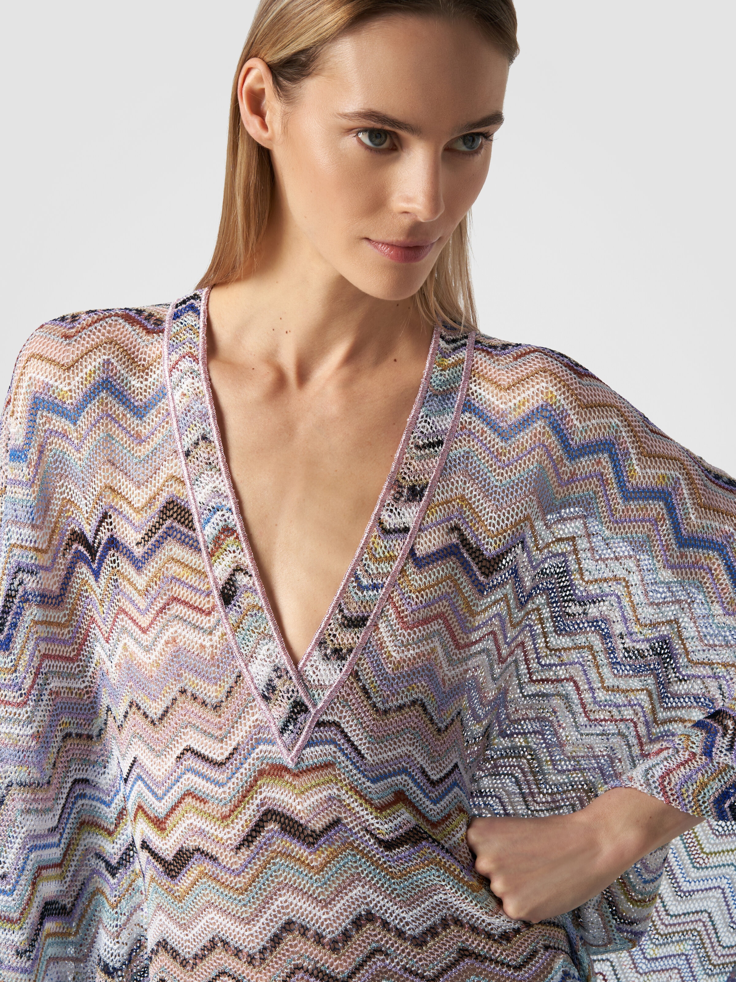 Long cover up kaftan in zigzag viscose with lurex, Multicoloured  - 4