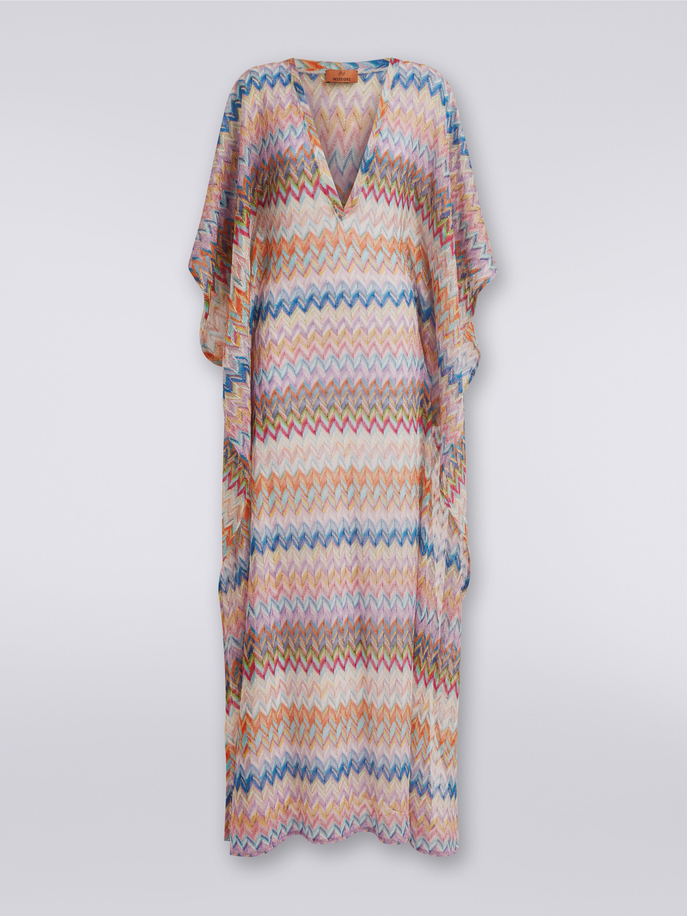 Long V-neck cover-up kaftan with lurex, Multicoloured  - 0