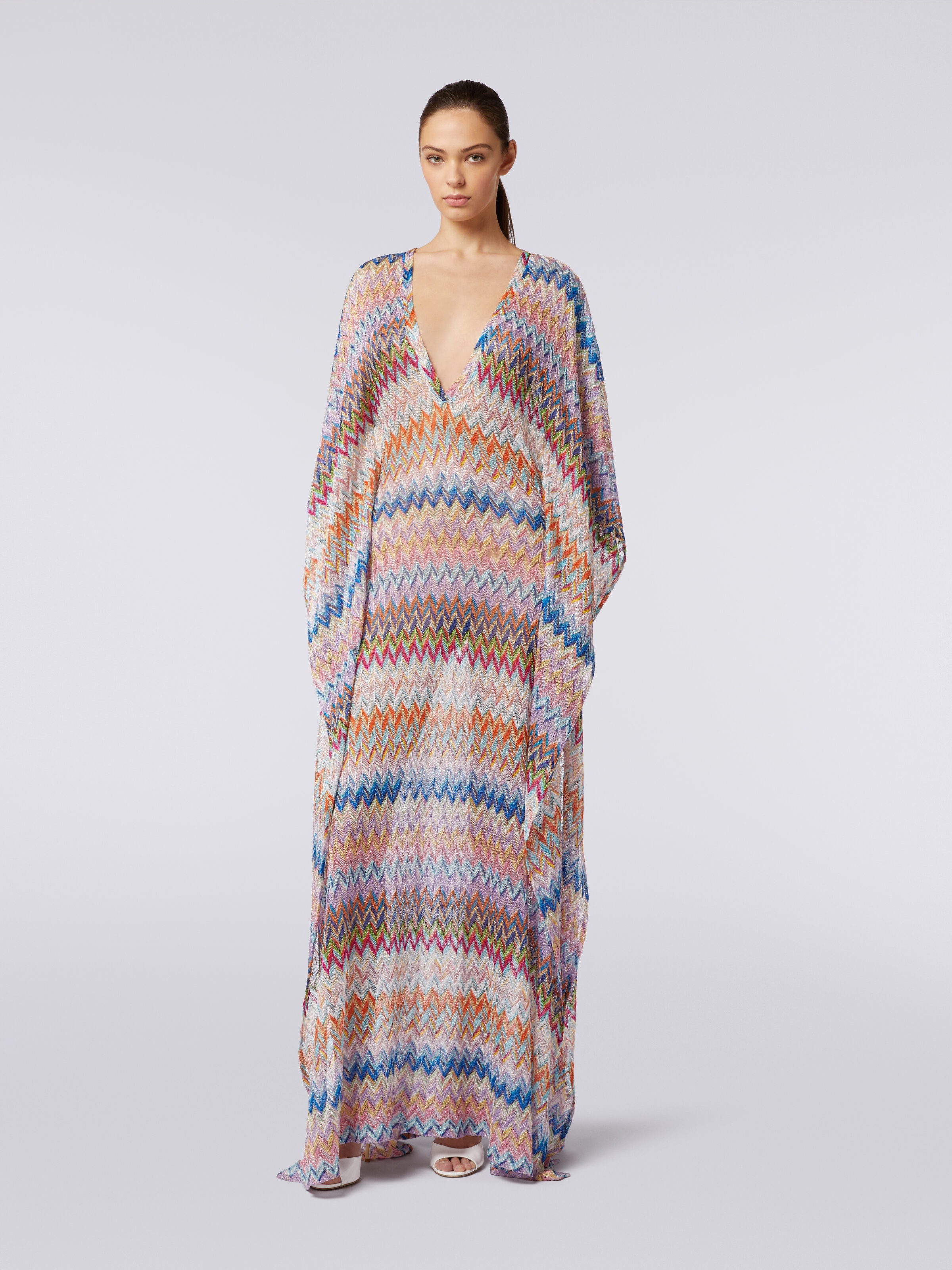 Long V-neck cover-up kaftan with lurex, Multicoloured  - 1