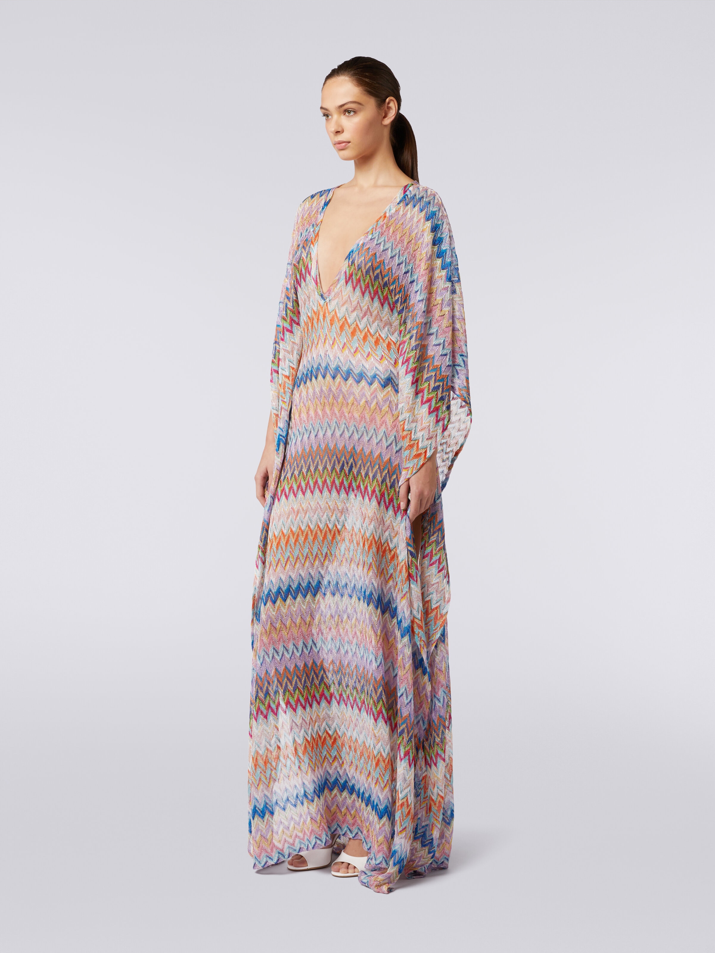 Long V-neck cover-up kaftan with lurex, Multicoloured  - 2