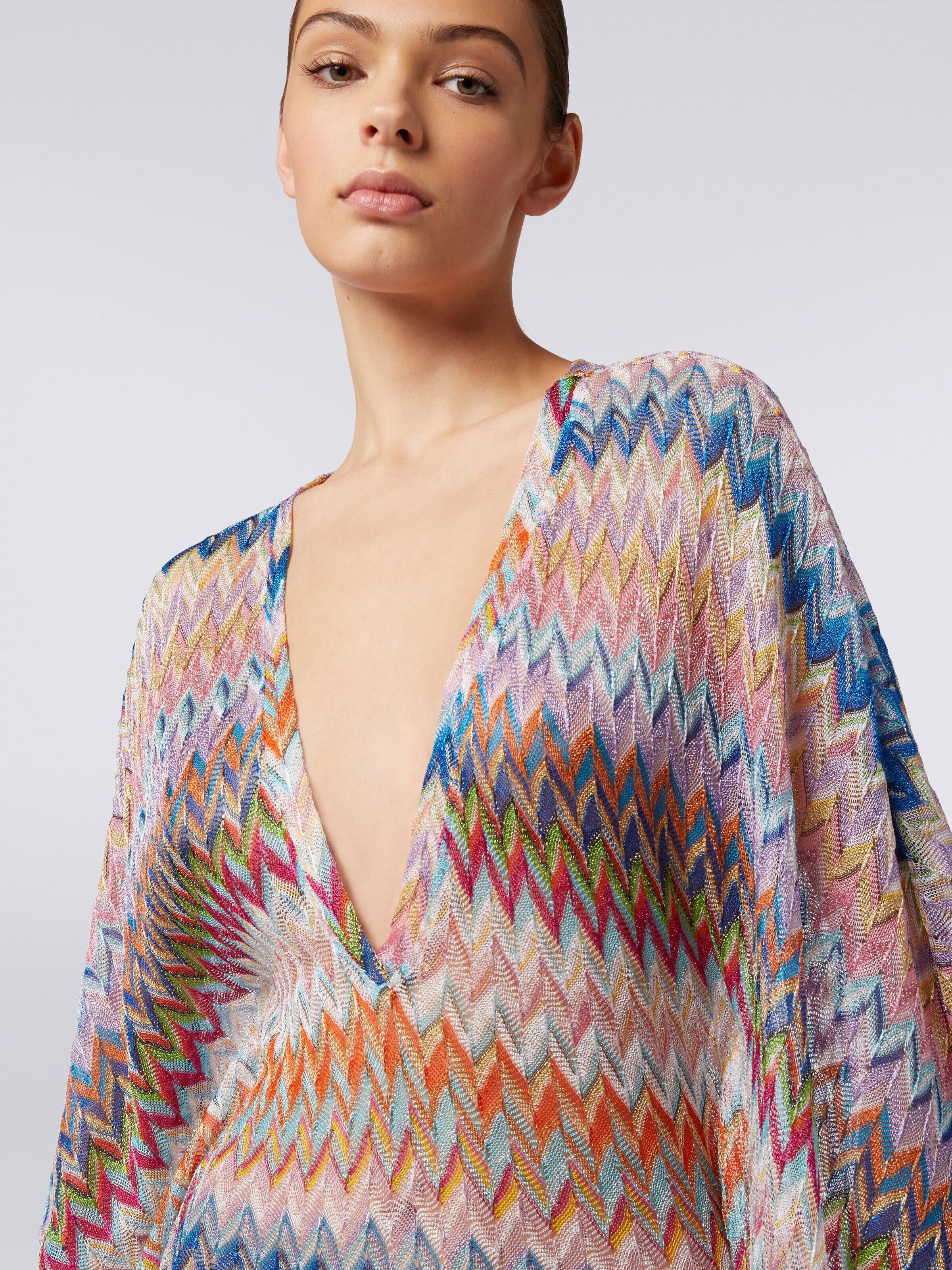 Long V-neck cover-up kaftan with lurex, Multicoloured  - 4