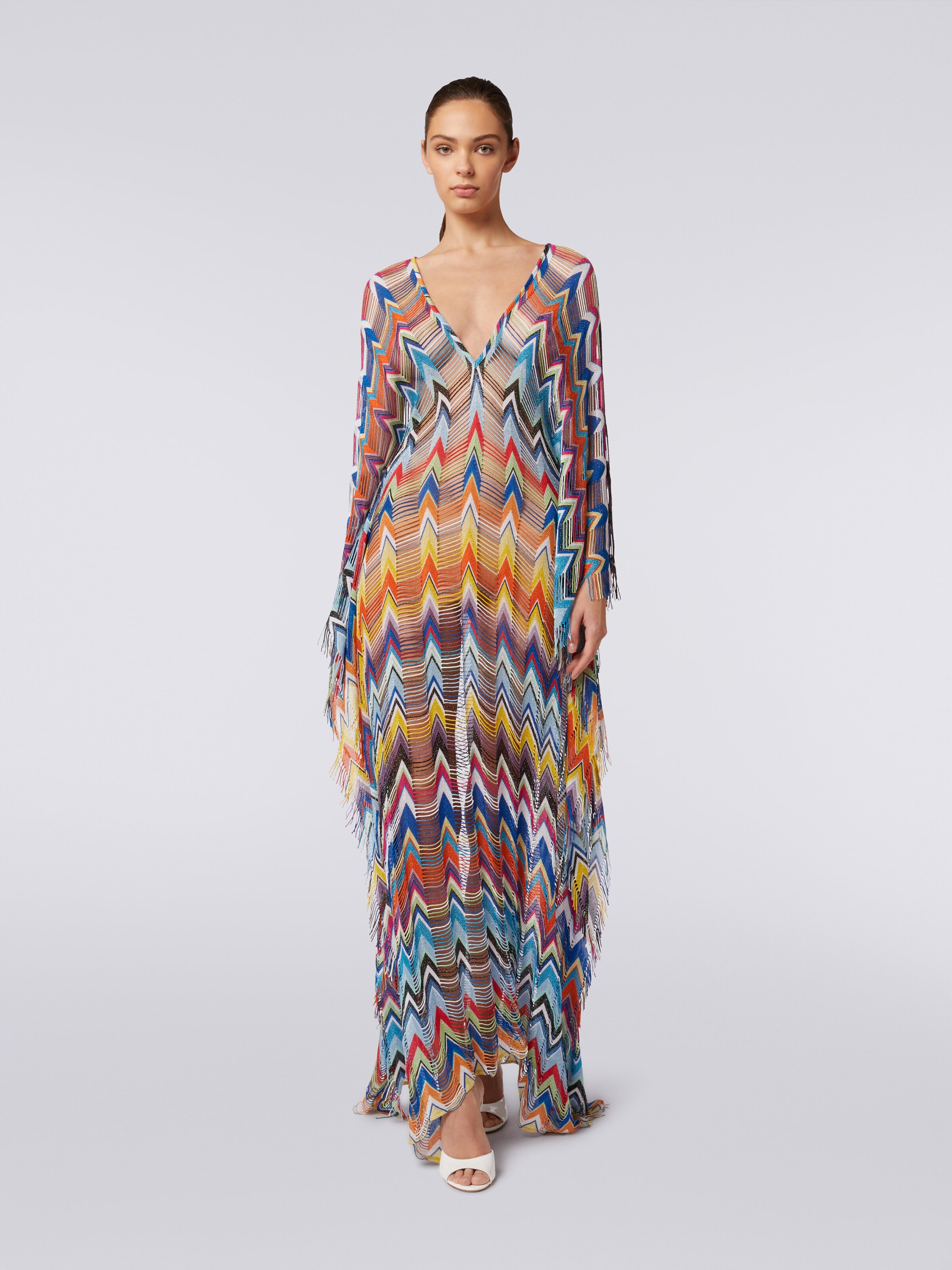 Langer Strandkaftan mit Fransen und Lurex, Mehrfarbig  - 1