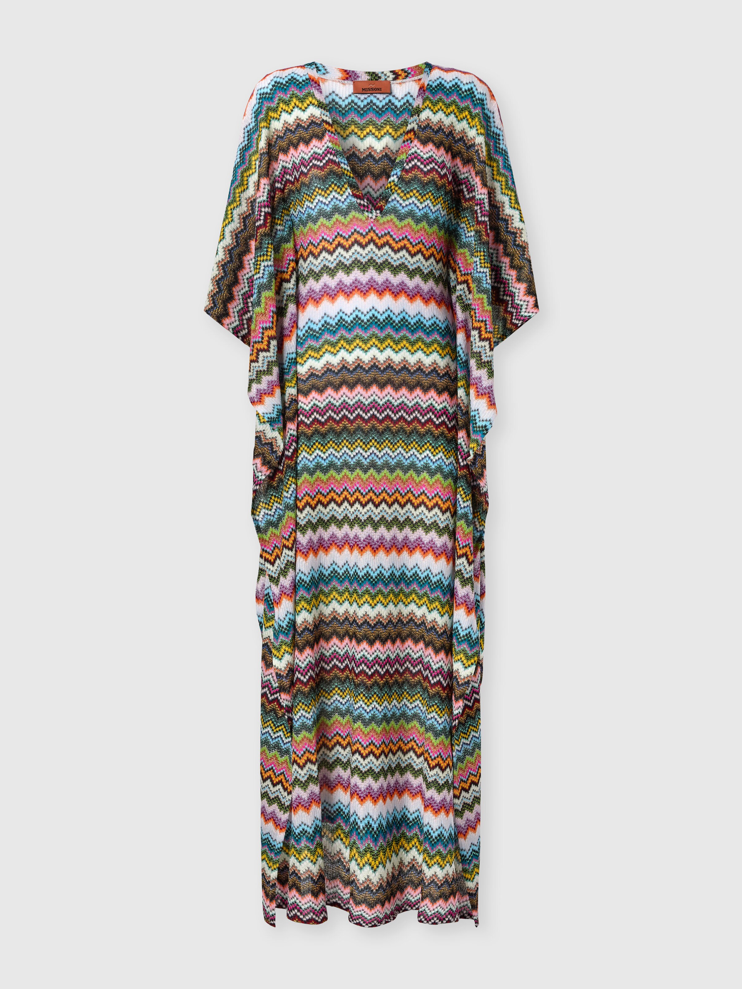 Long caftan cover-up with micro pixel-effect zigzag pattern, Black & Multicoloured - 0