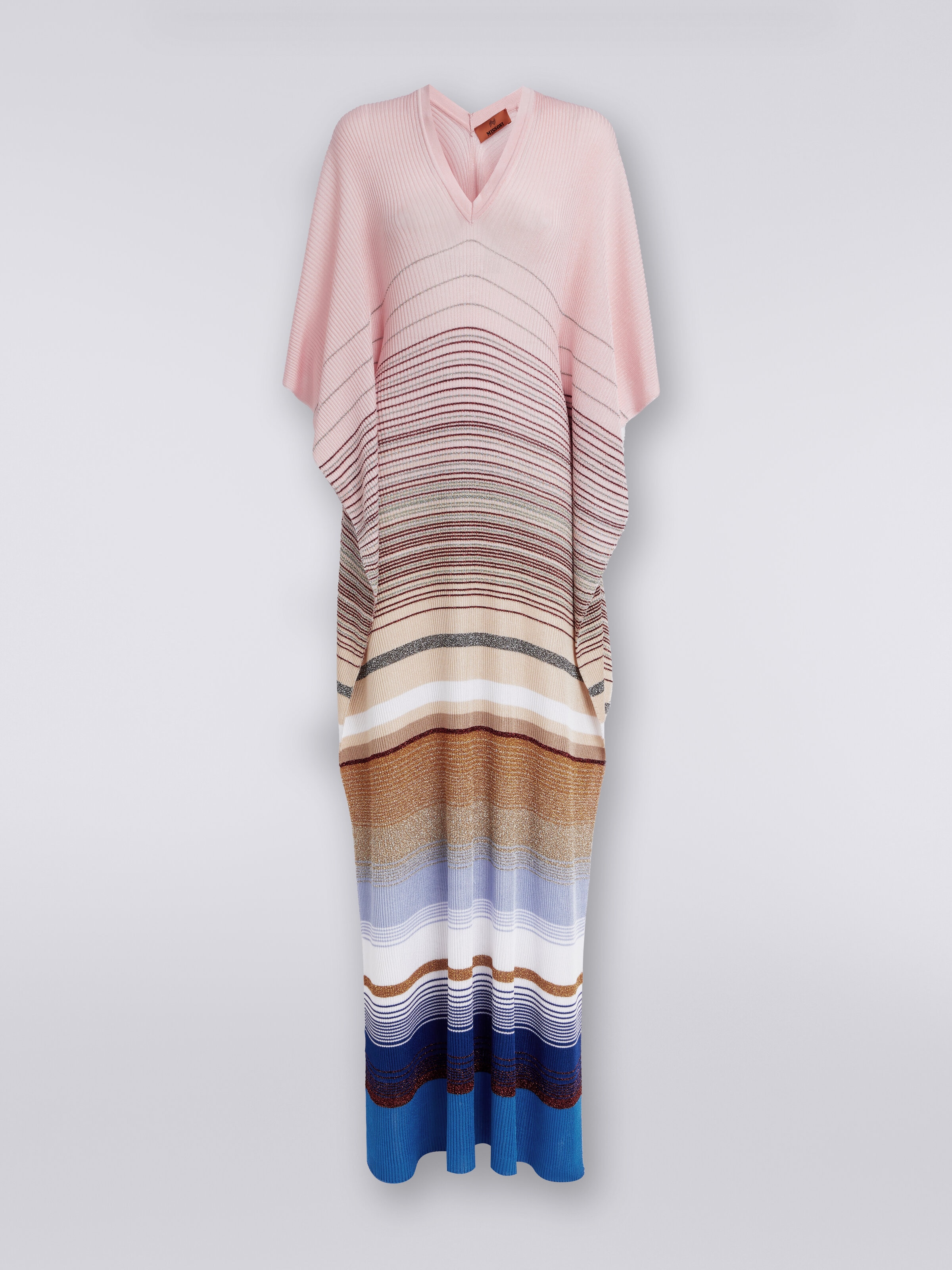 Long cover up kaftan in striped ribbed knit with lurex, Multicoloured  - 0