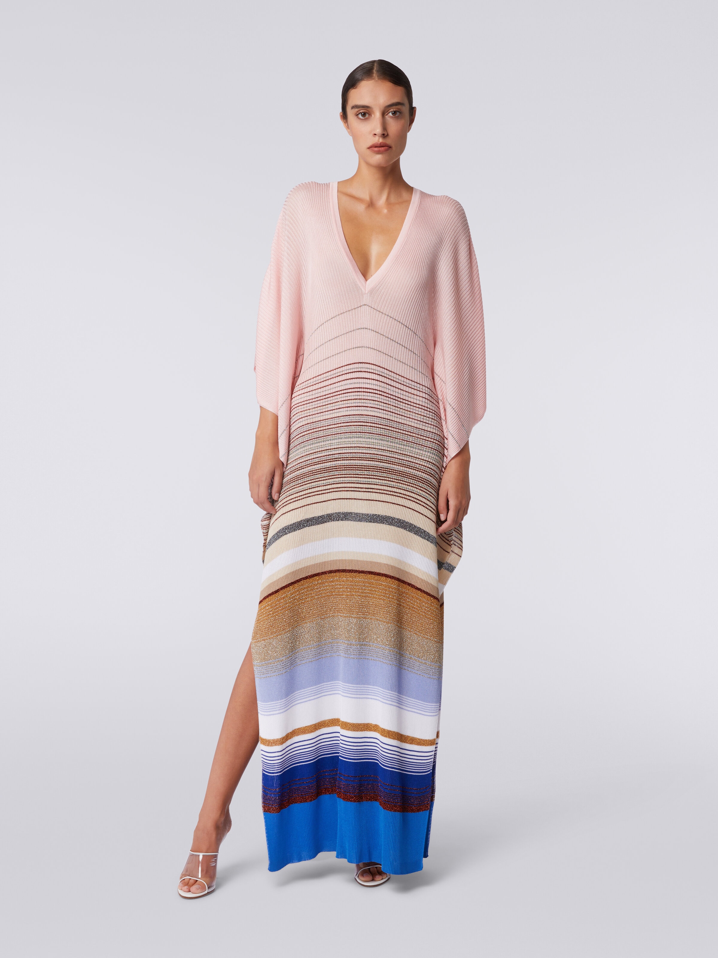 Long cover up kaftan in striped ribbed knit with lurex, Multicoloured  - 1