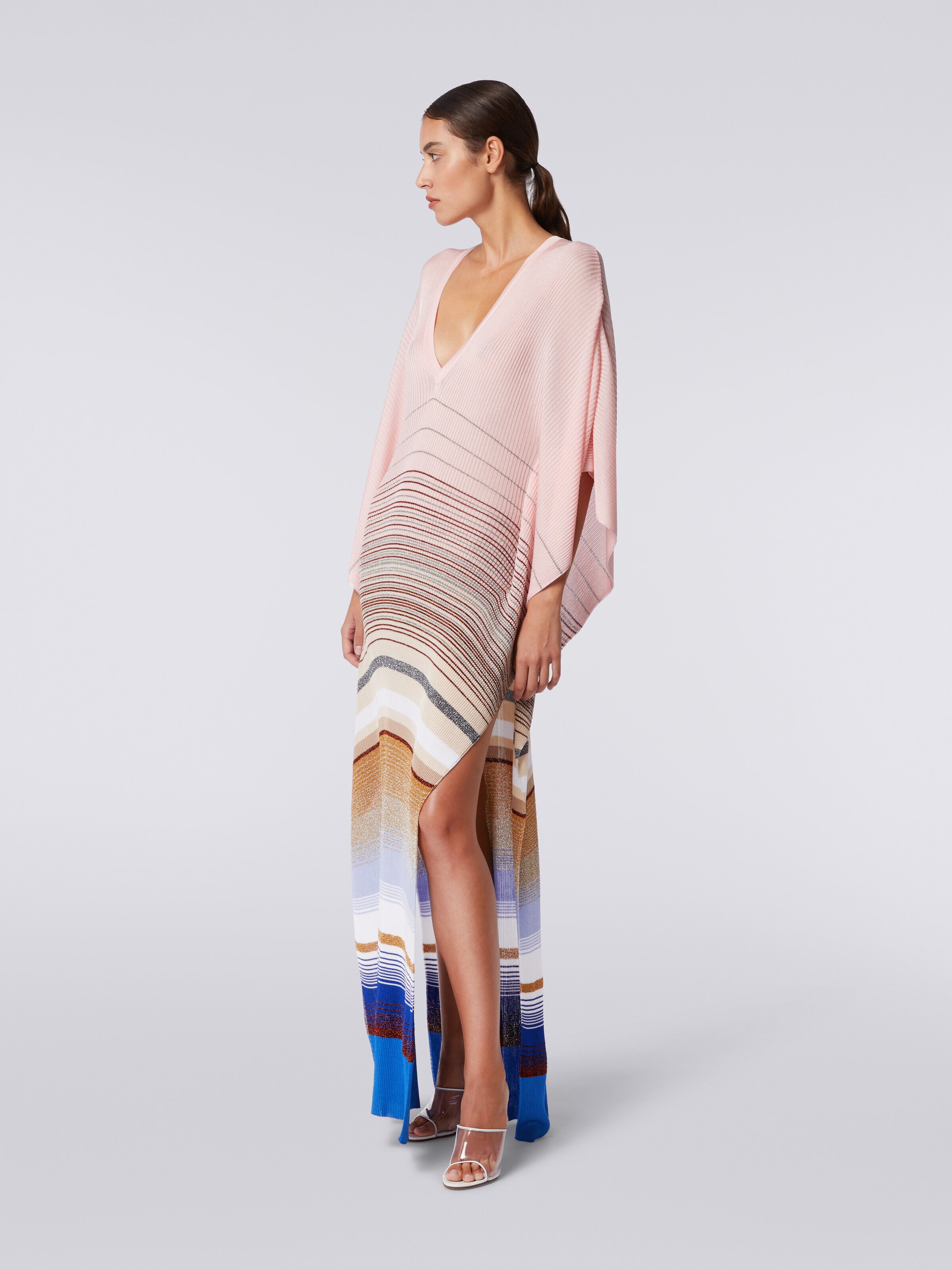 Long cover up kaftan in striped ribbed knit with lurex, Multicoloured  - 2