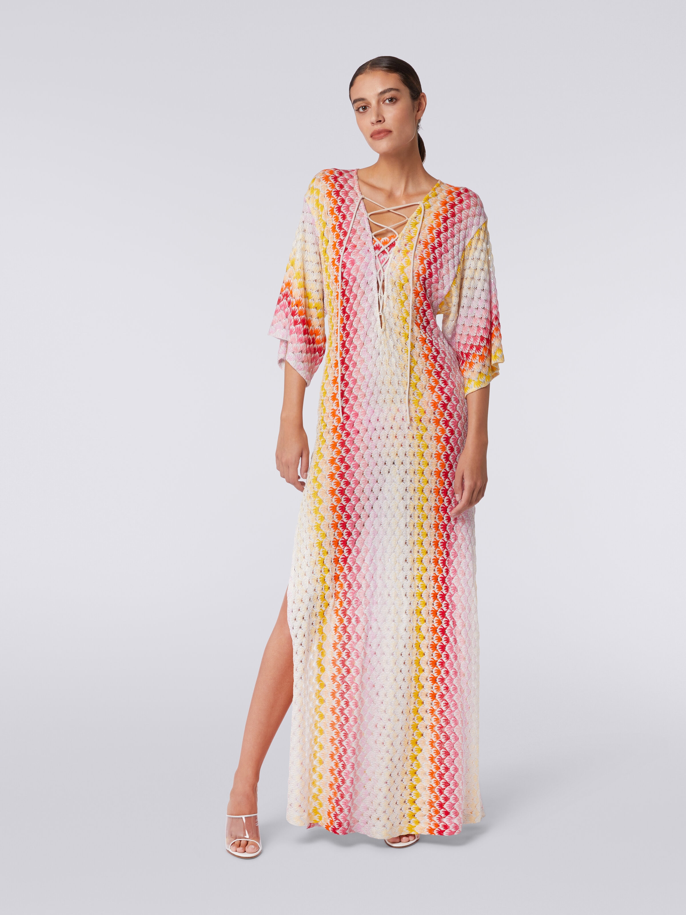 Long dégradé lace-effect cover up kaftan with lurex, Red  - 1