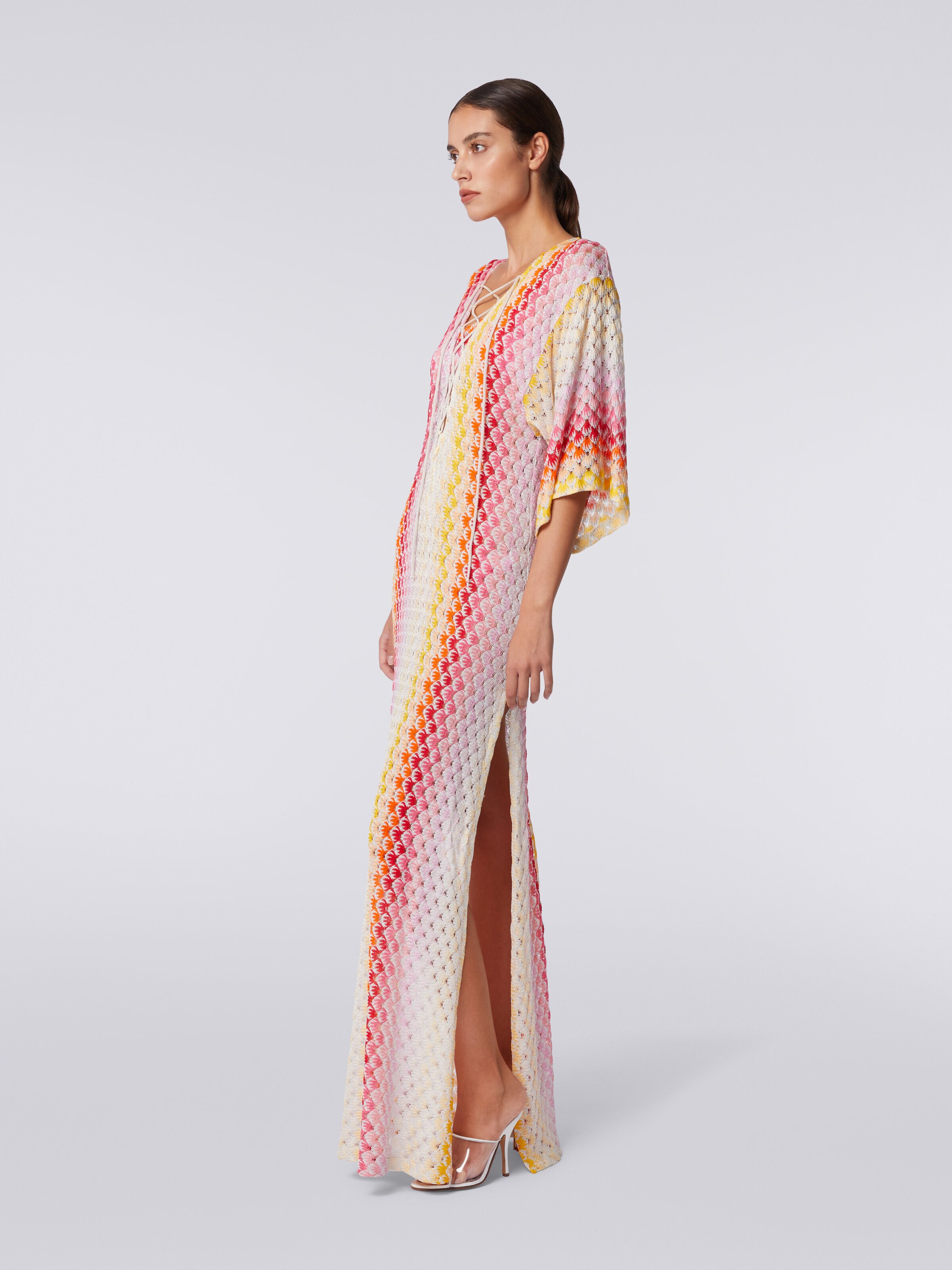 Long dégradé lace-effect cover up kaftan with lurex, Red  - 2