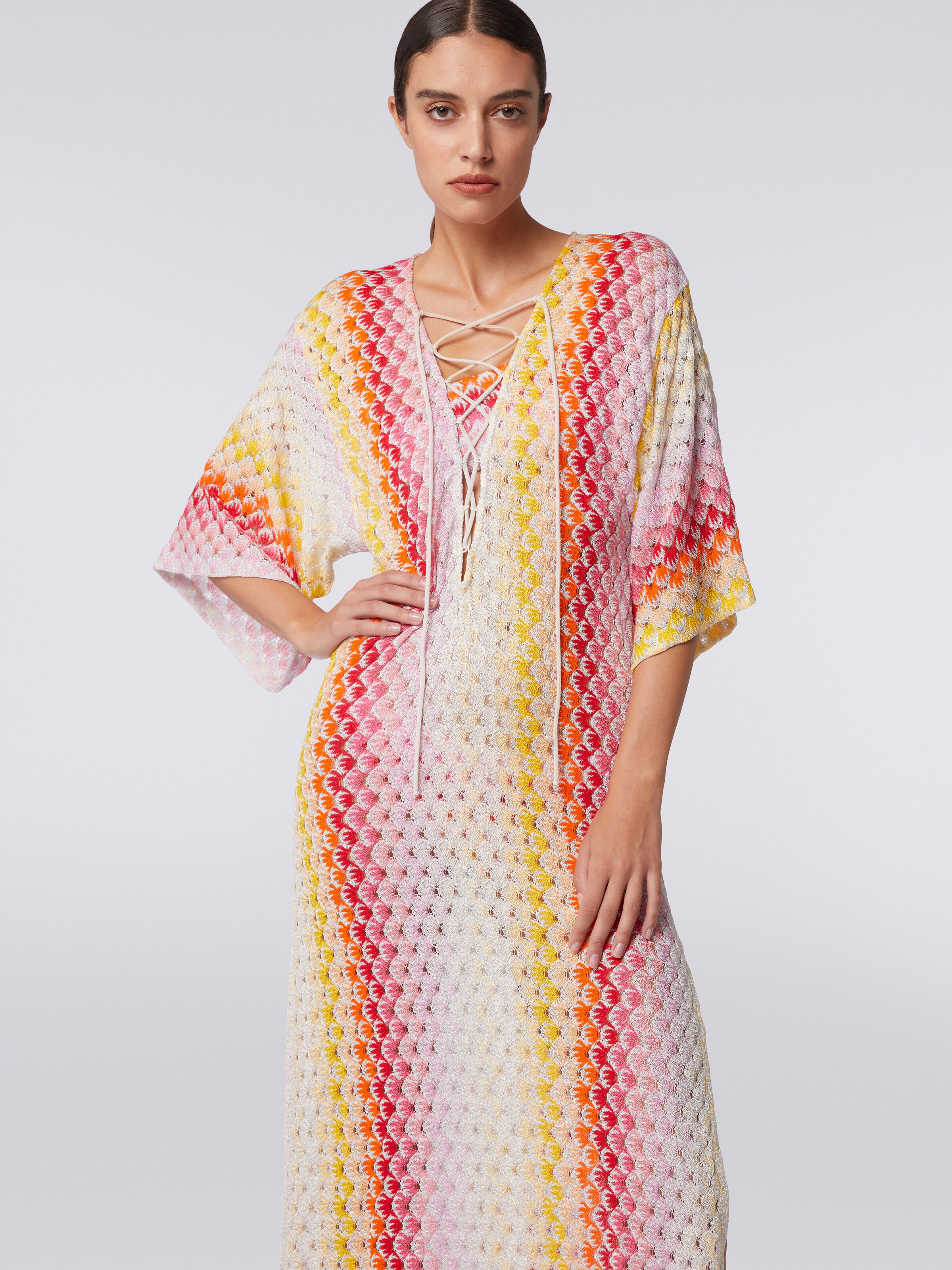 Long dégradé lace-effect cover up kaftan with lurex, Red  - 4