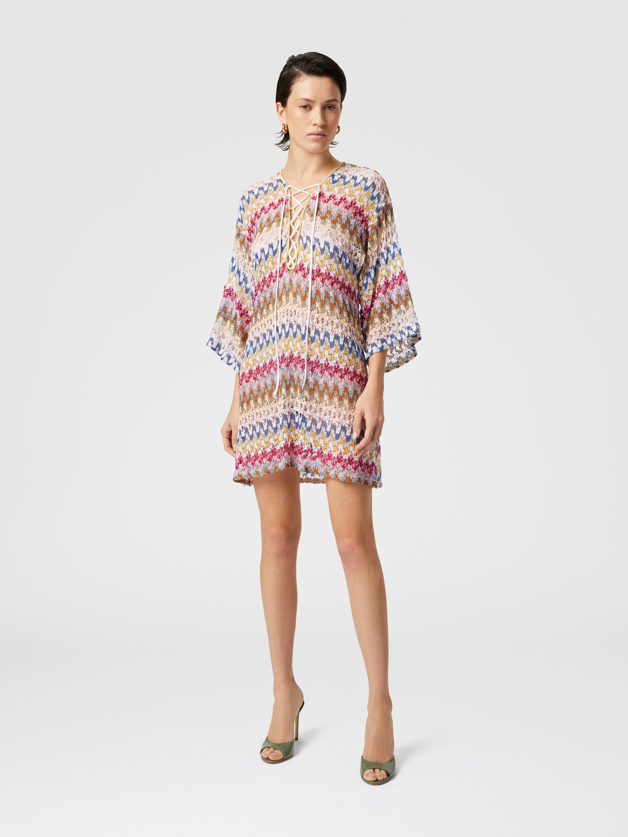 Short cover-up caftan in lamé viscose lace, Multicoloured  - 1