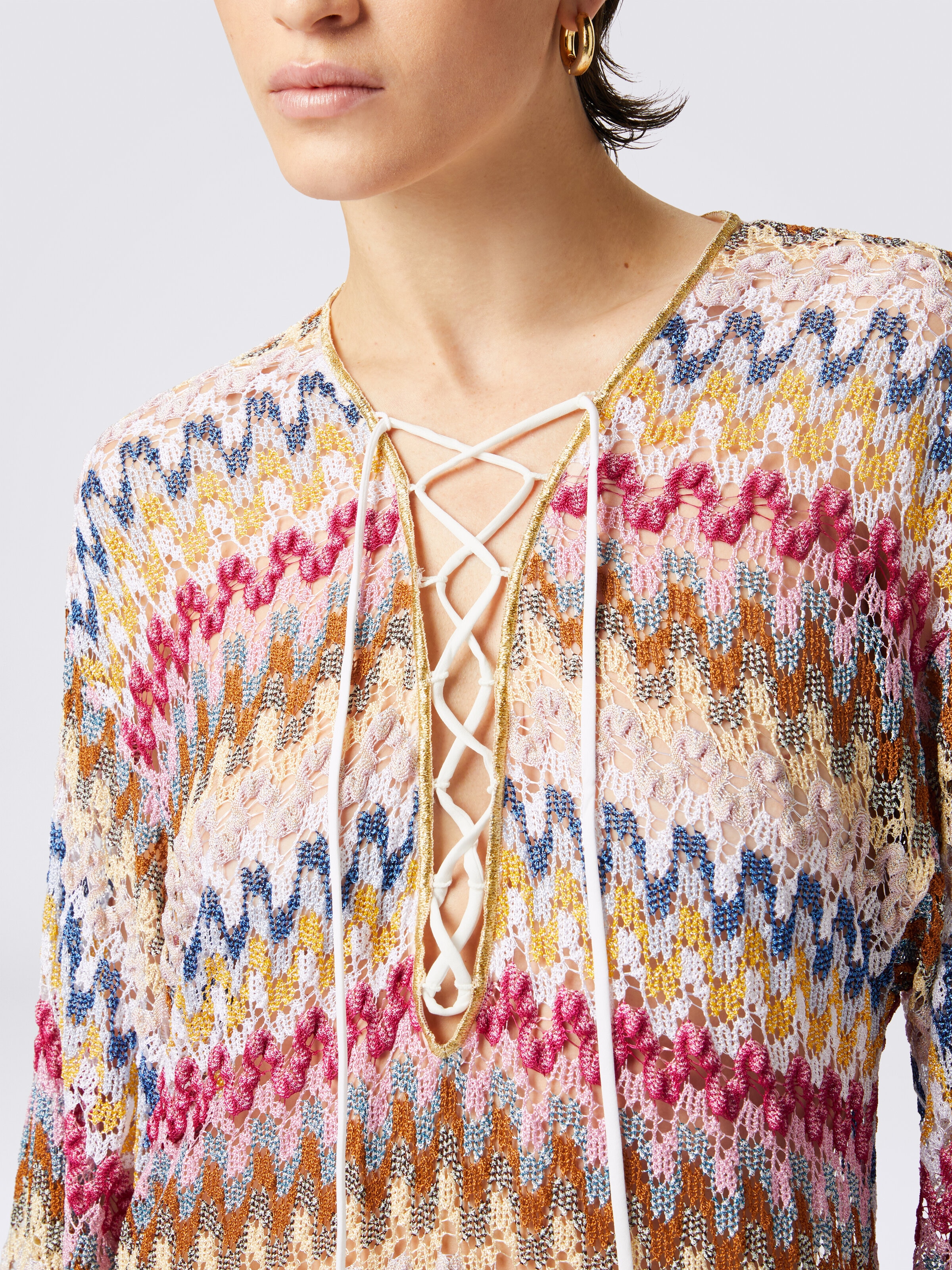Short cover-up caftan in lamé viscose lace, Multicoloured  - 4
