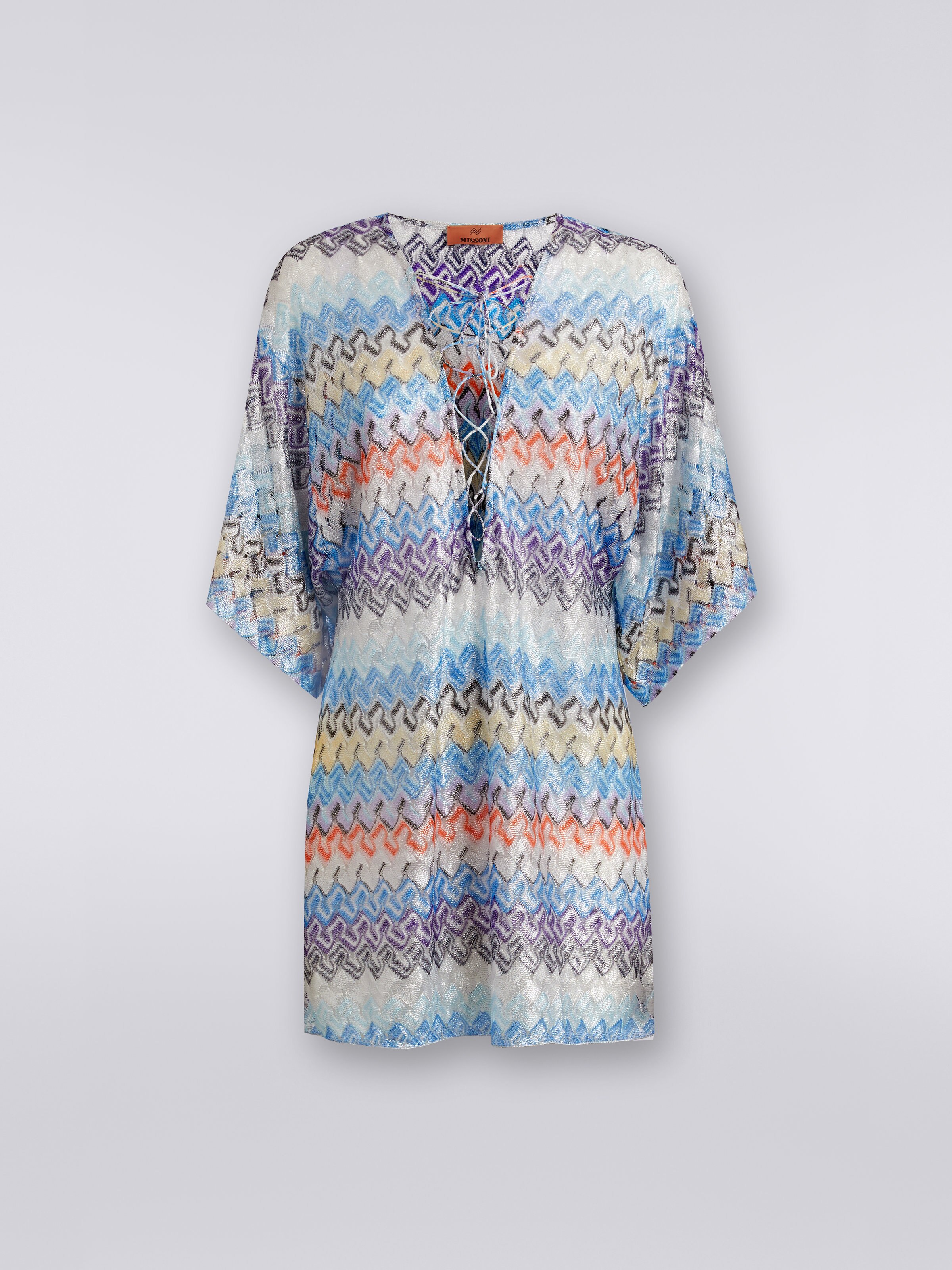 Short viscose knit kaftan cover up with ties, Multicoloured - 0