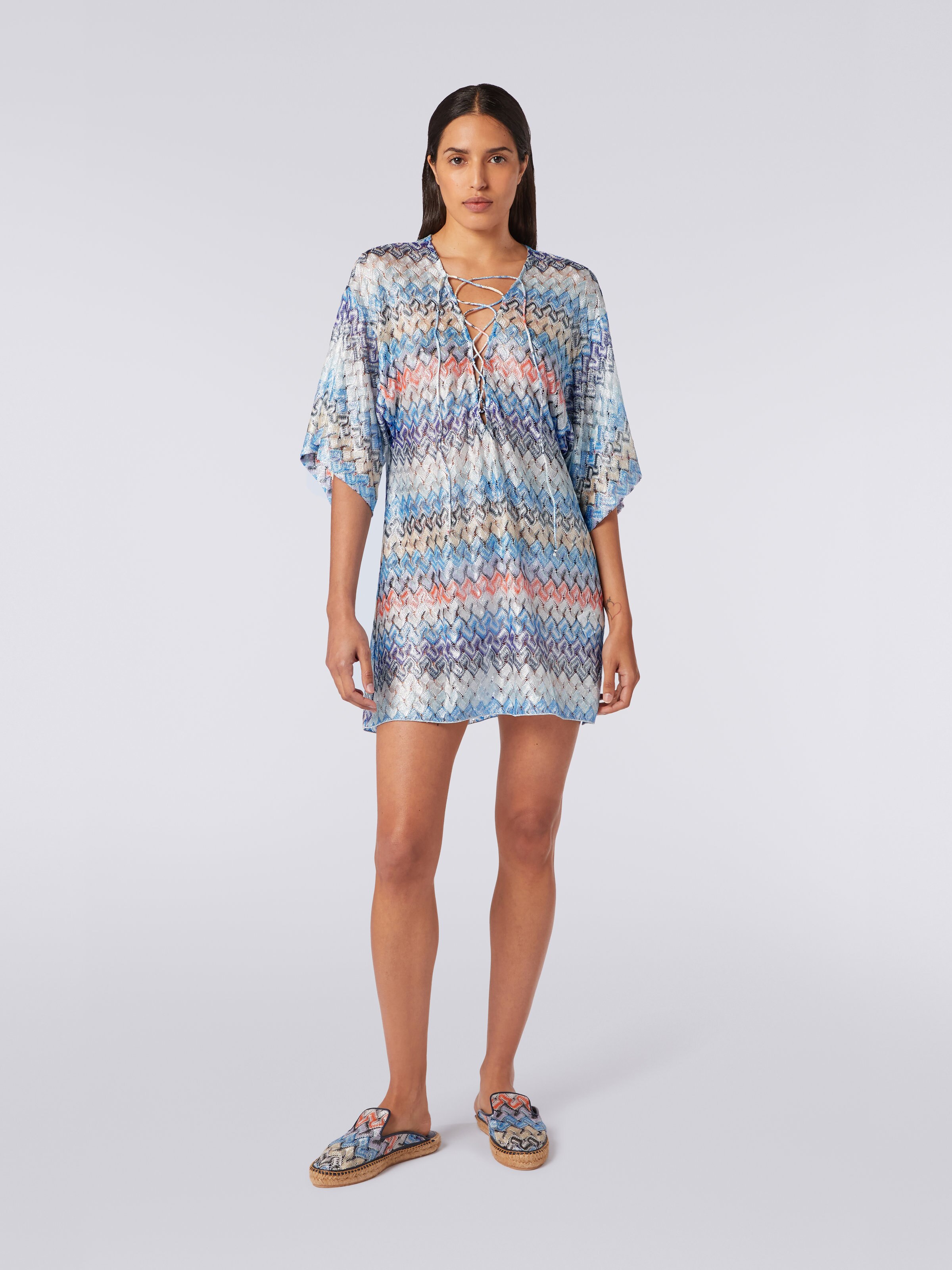 Short viscose knit kaftan cover up with ties, Multicoloured - 1