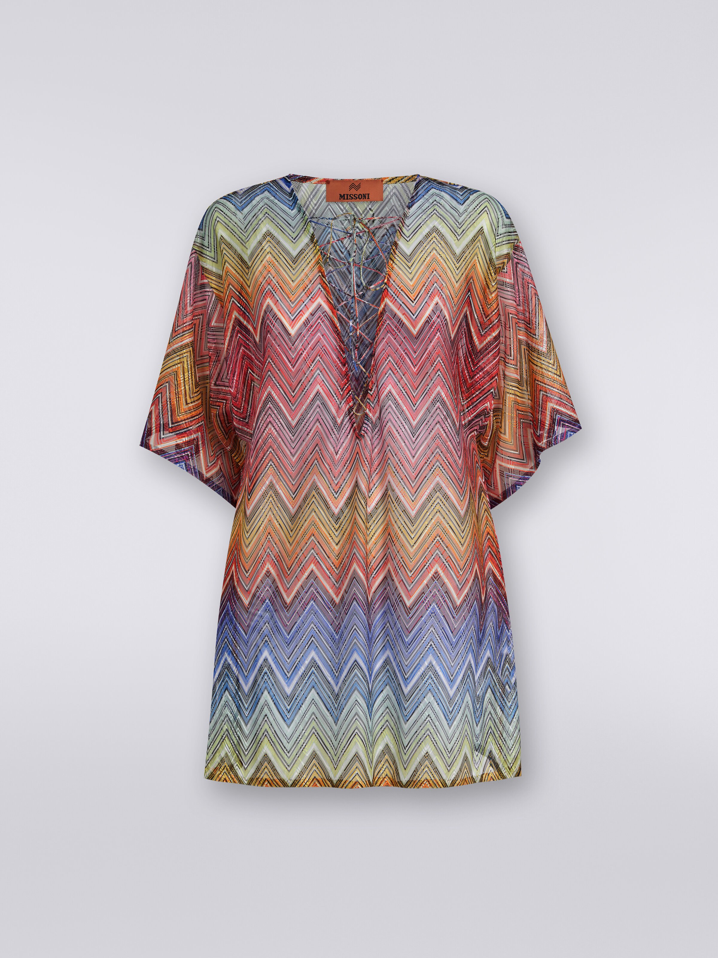 Short zigzag print cover up kaftan, Multicoloured  - 0