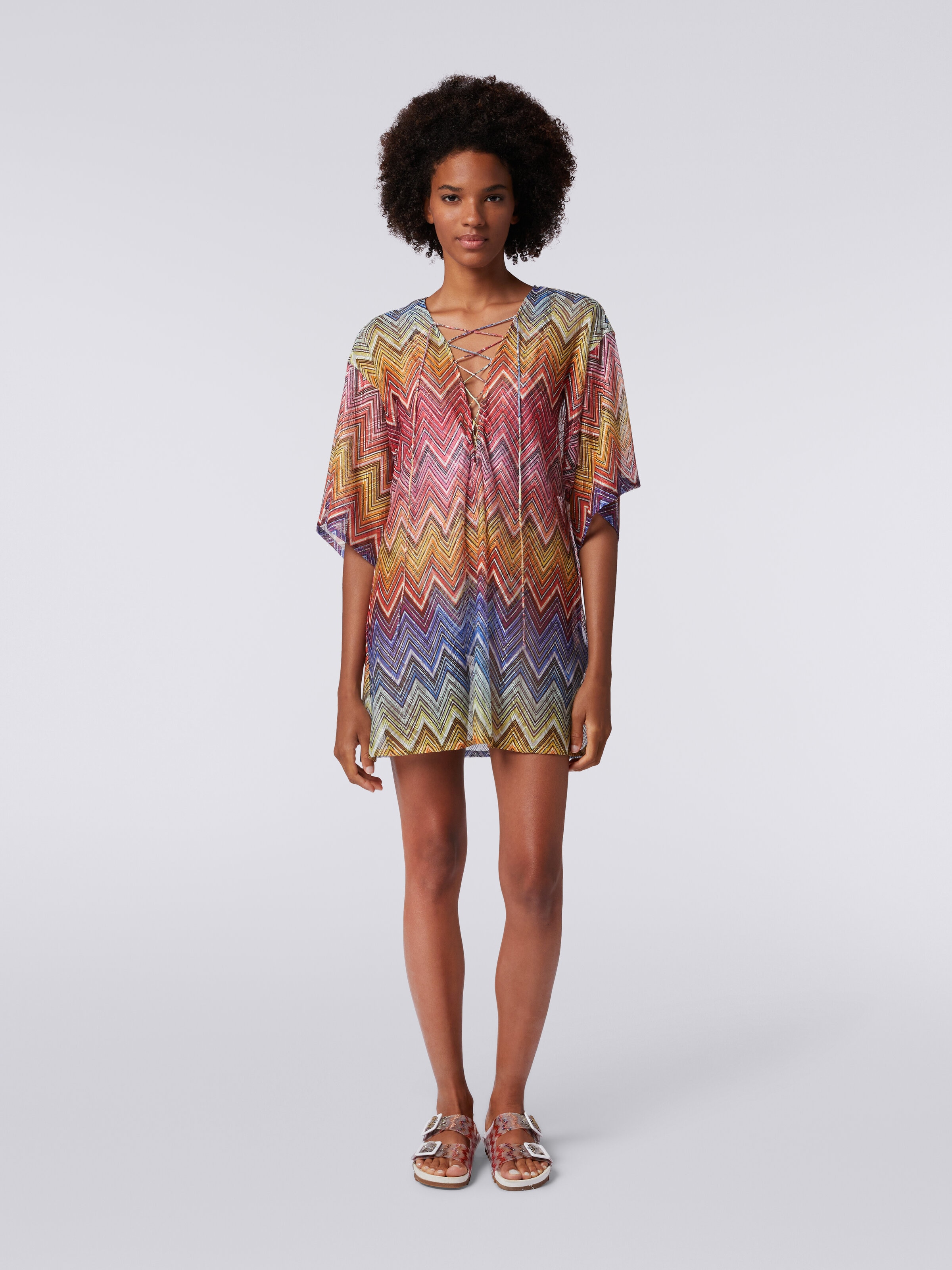 Short zigzag print cover up kaftan, Multicoloured  - 1