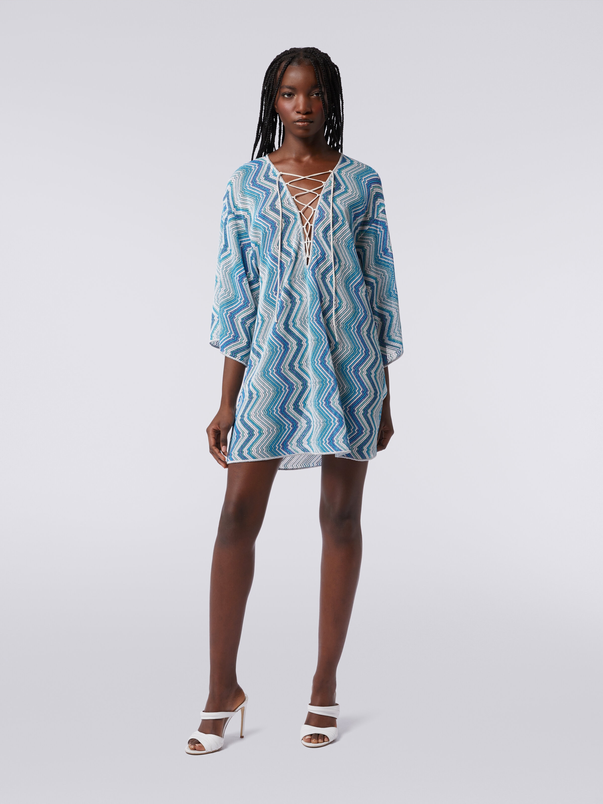 Short cover-up kaftan with braided lacing, Blue - 1