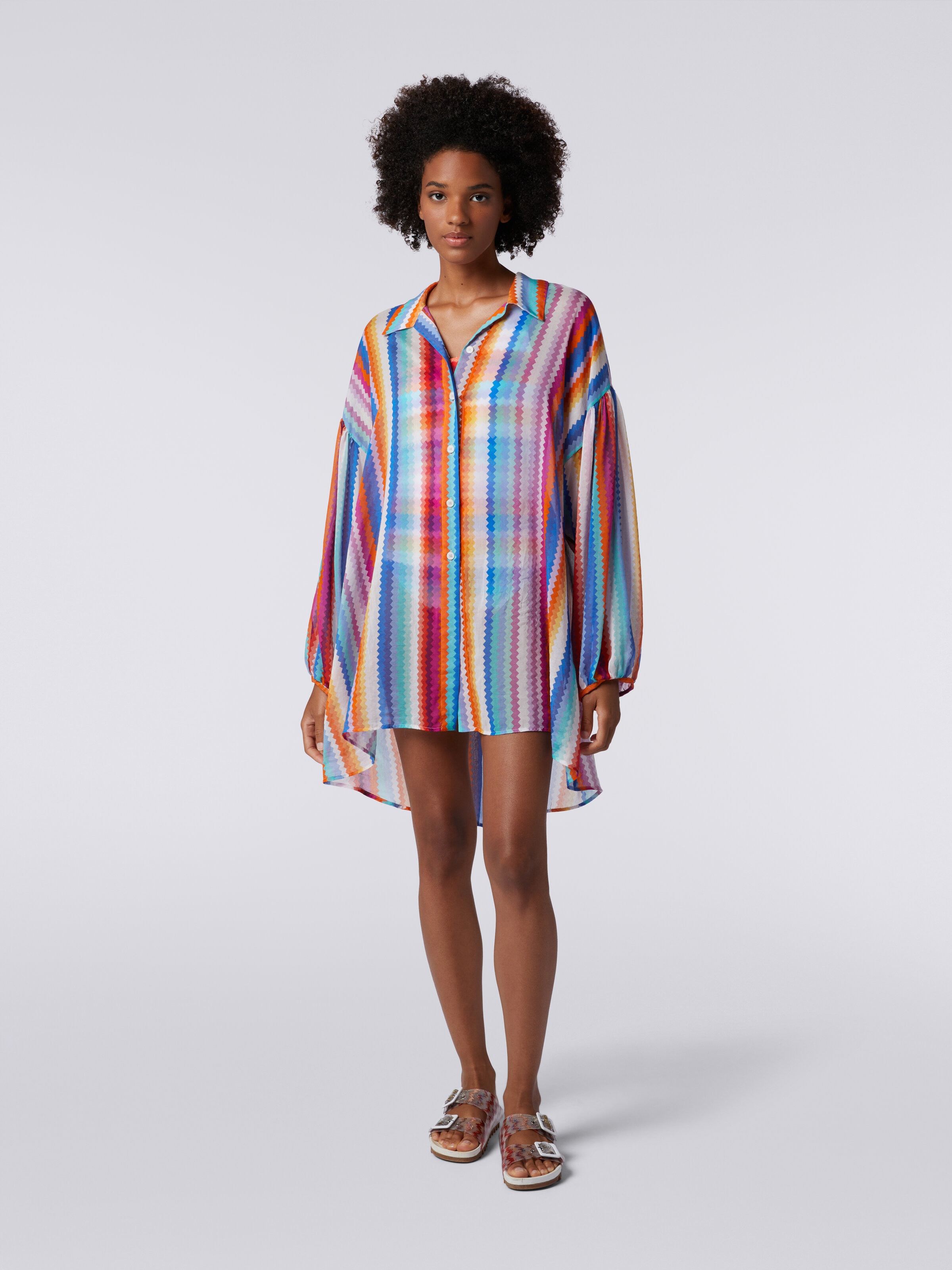 Chemisier blouse in zigzag print silk and cotton, Multicoloured  - 1