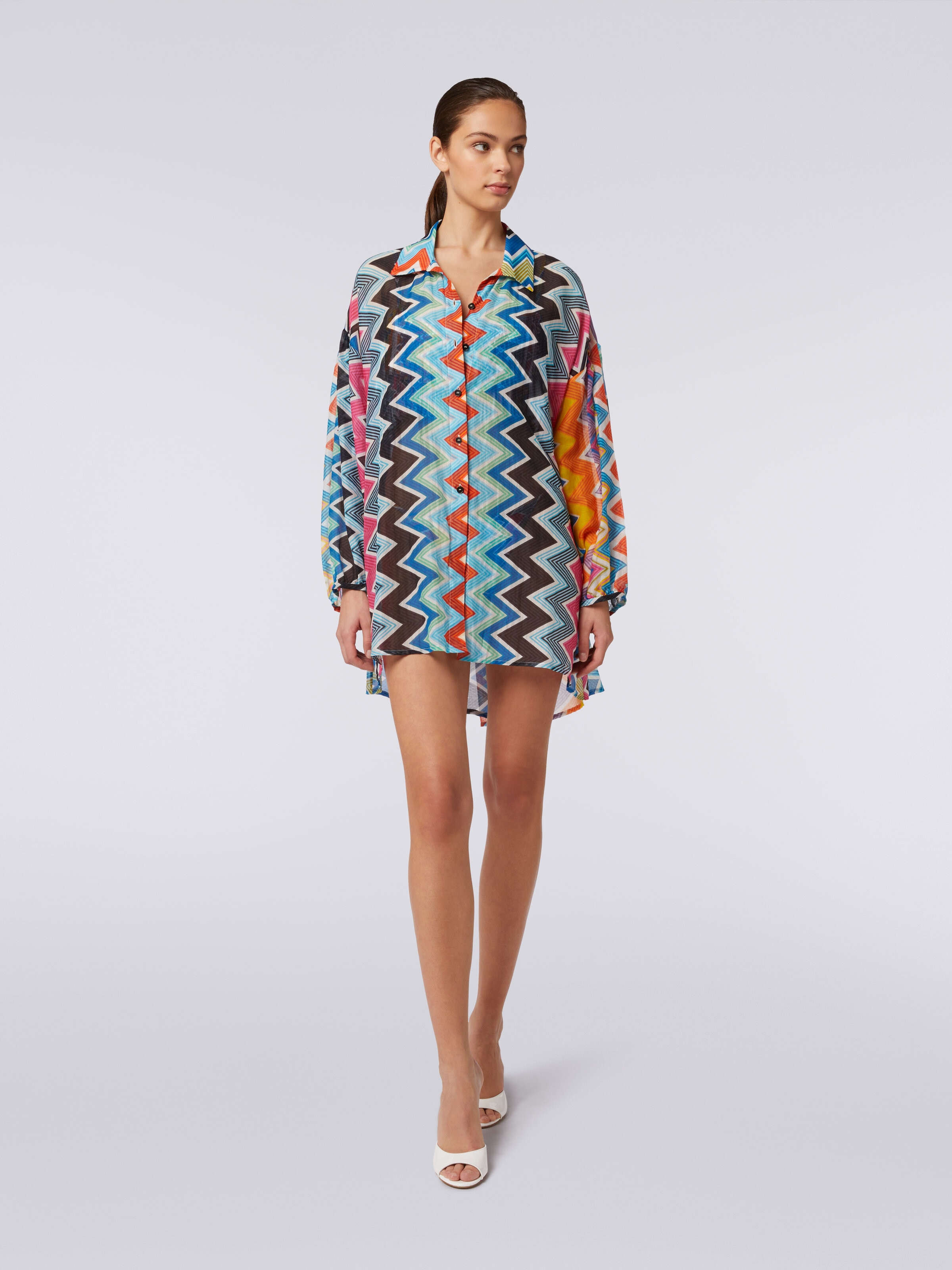 Blusa extragrande de seda y algodón con estampado en zigzag, Multicolor  - 1