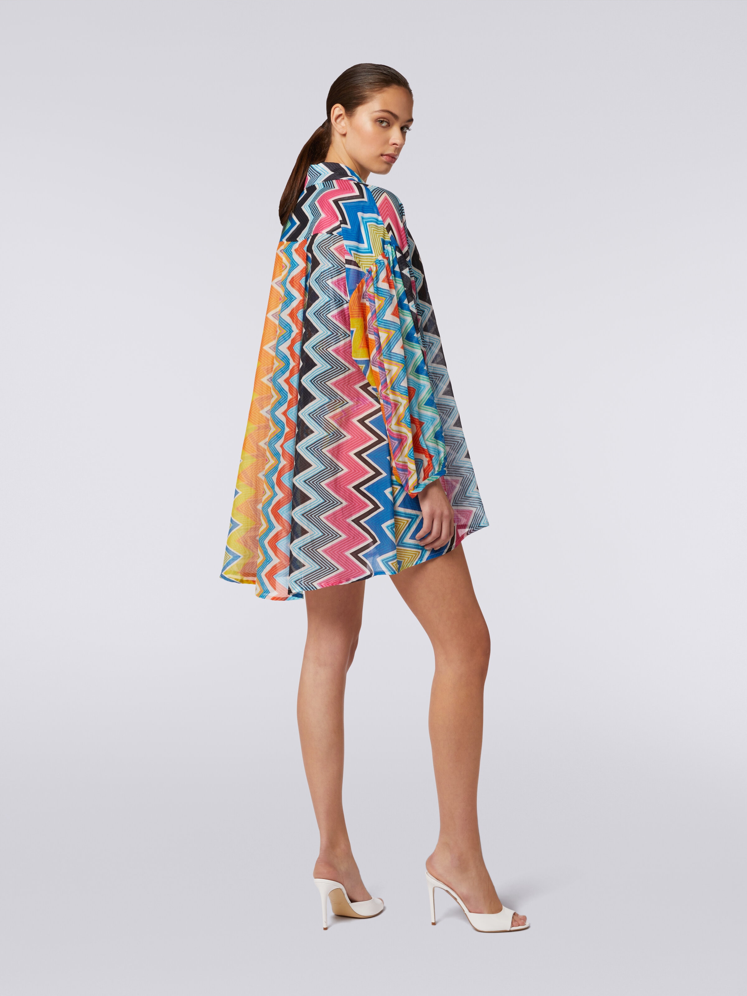Blusa oversize in seta e cotone stampa zig zag, Multicolore  - 3