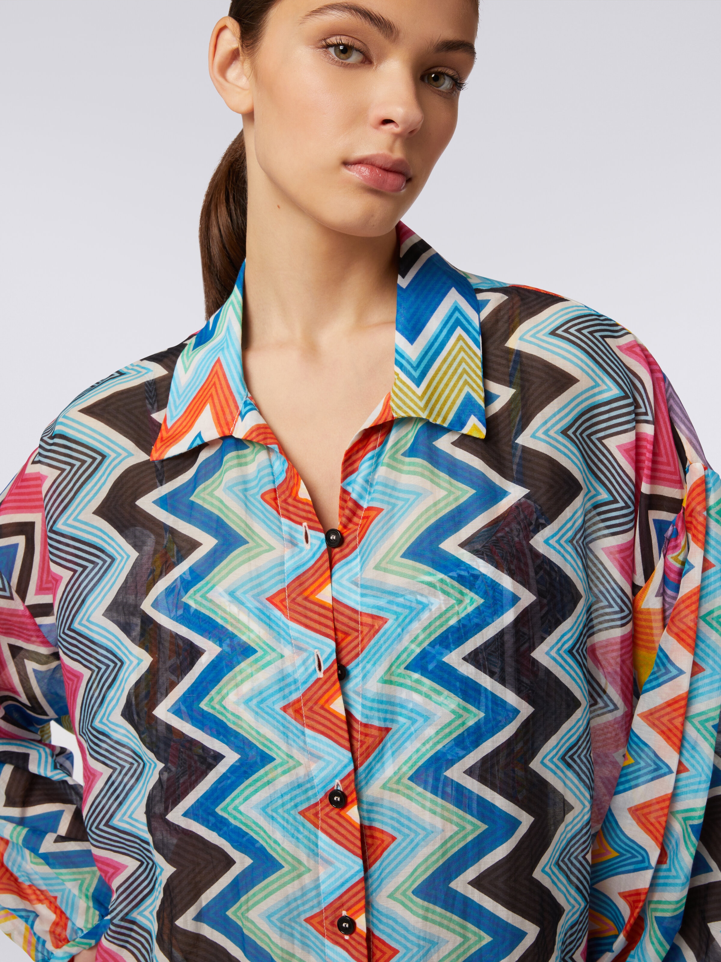Blusa oversize in seta e cotone stampa zig zag, Multicolore  - 4