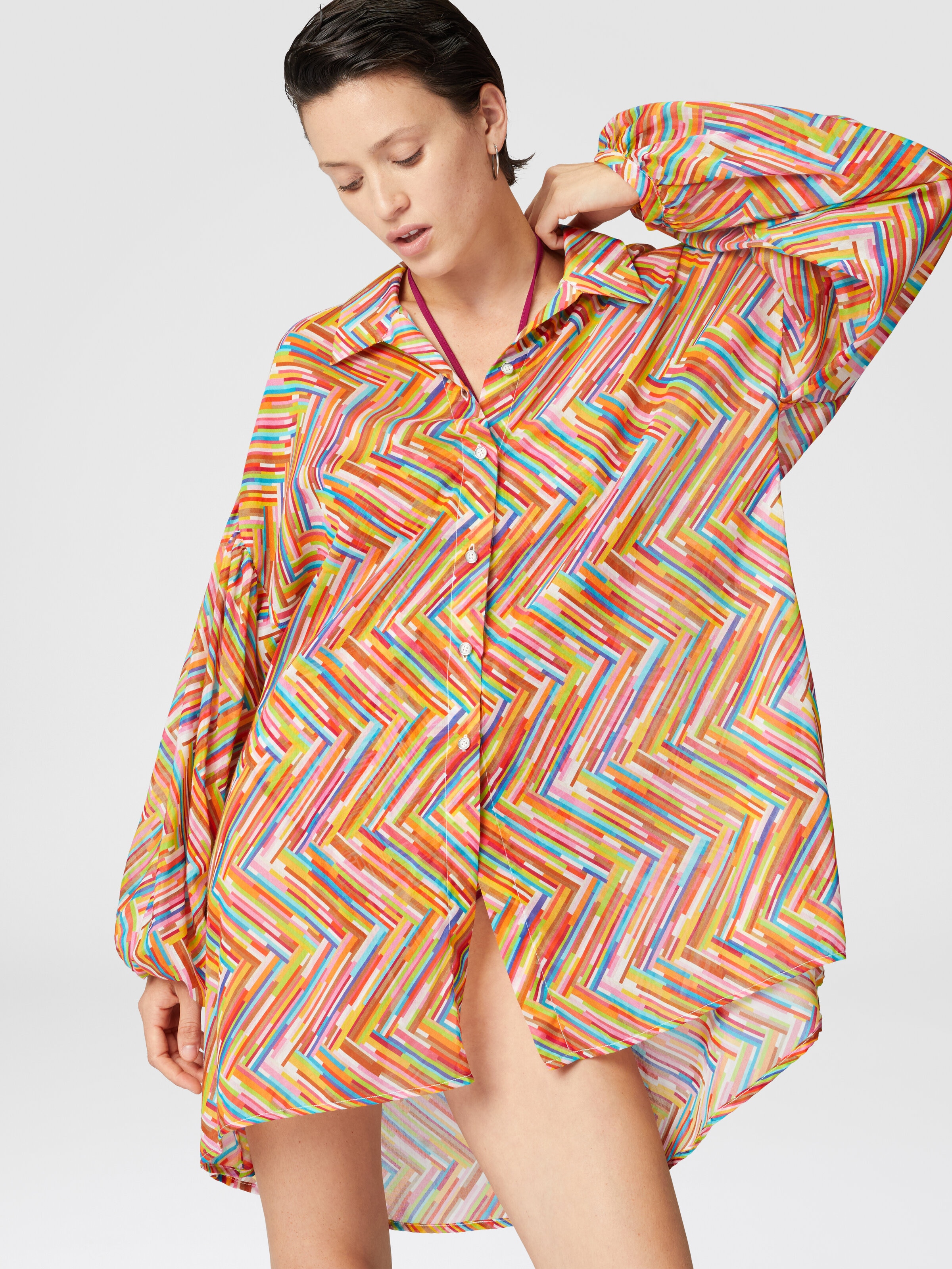Oversized shirt in printed cotton and silk blend, Multicoloured  - 3