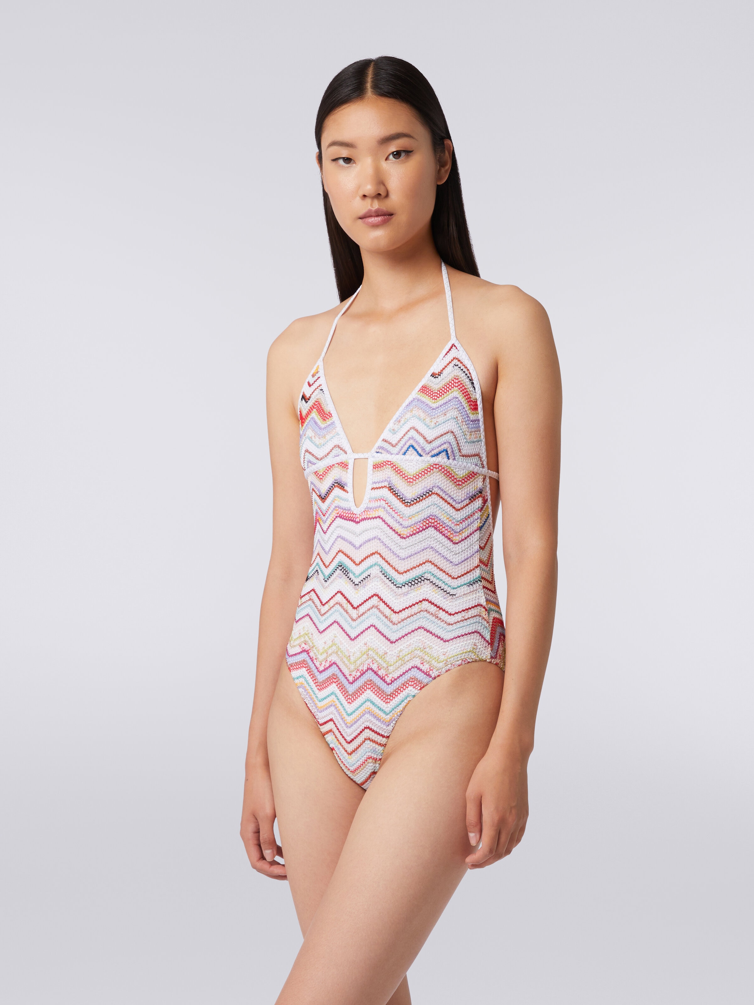 One-piece swimming costume in zigzag crochet with lurex, Multicoloured  - 1
