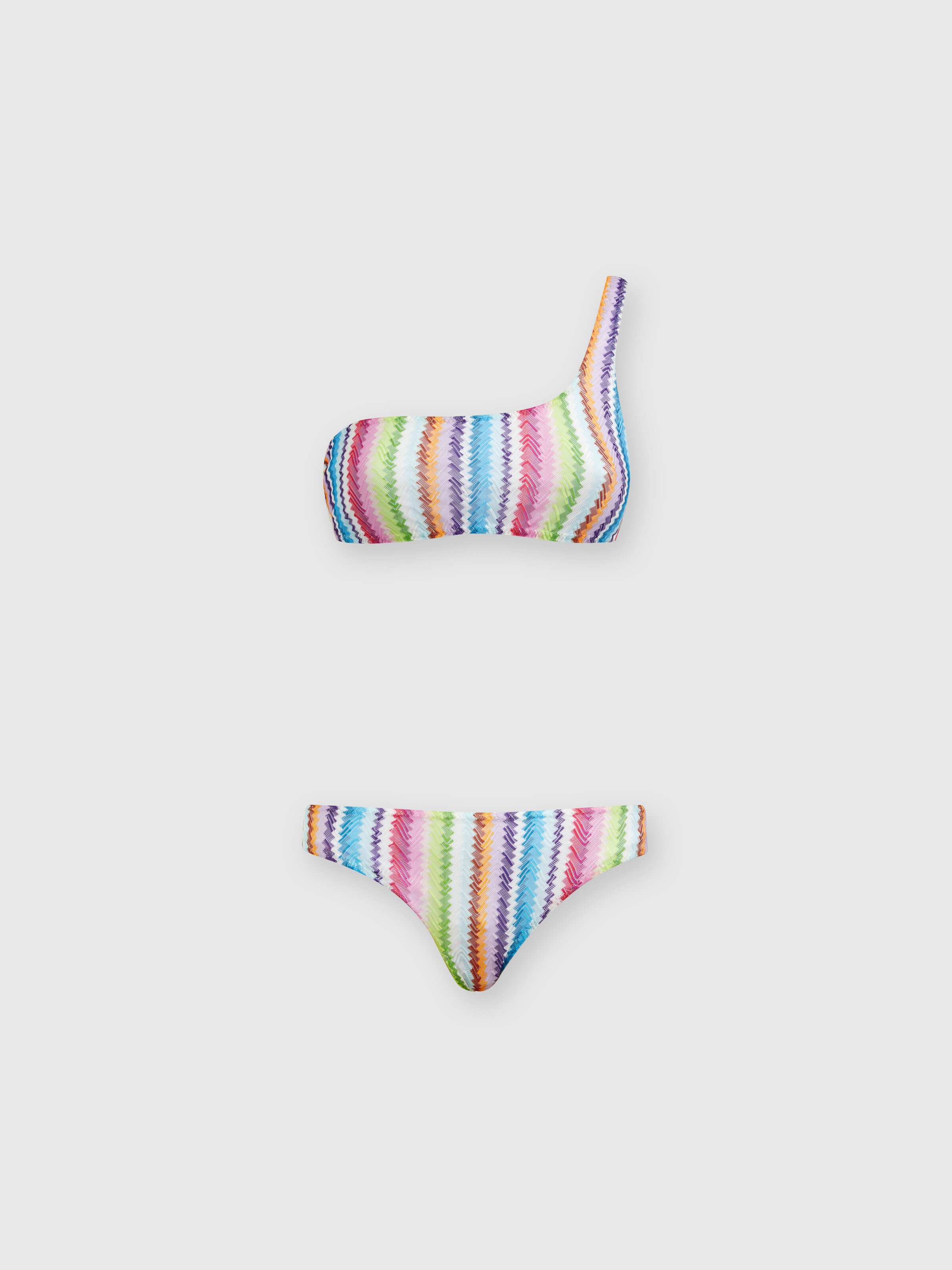 One-shoulder bikini with zig zag print, Multicoloured  - 0