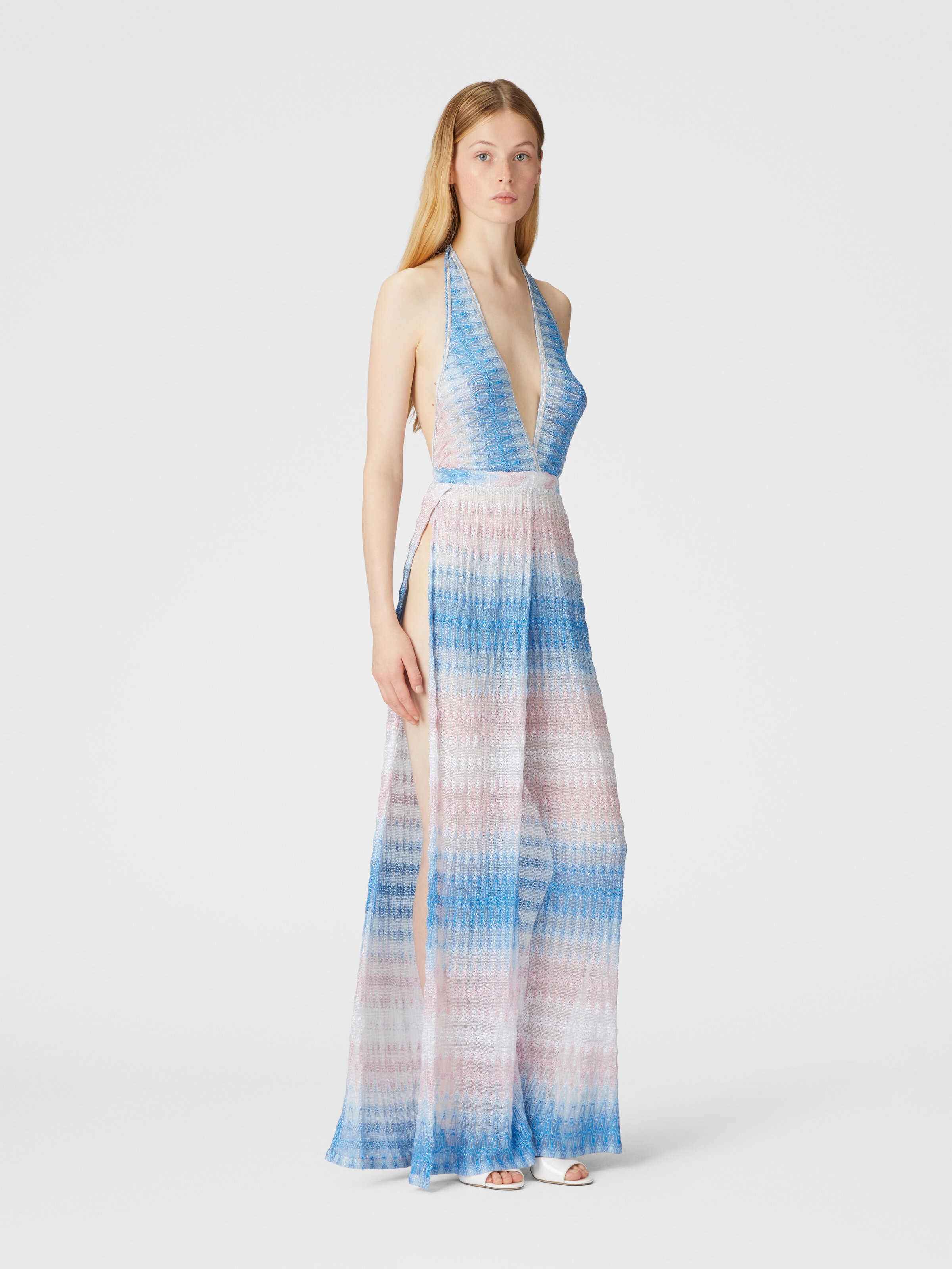 Tuta lunga con pantaloni palazzo in pizzo dégradé, Blu & Rosa   - 1