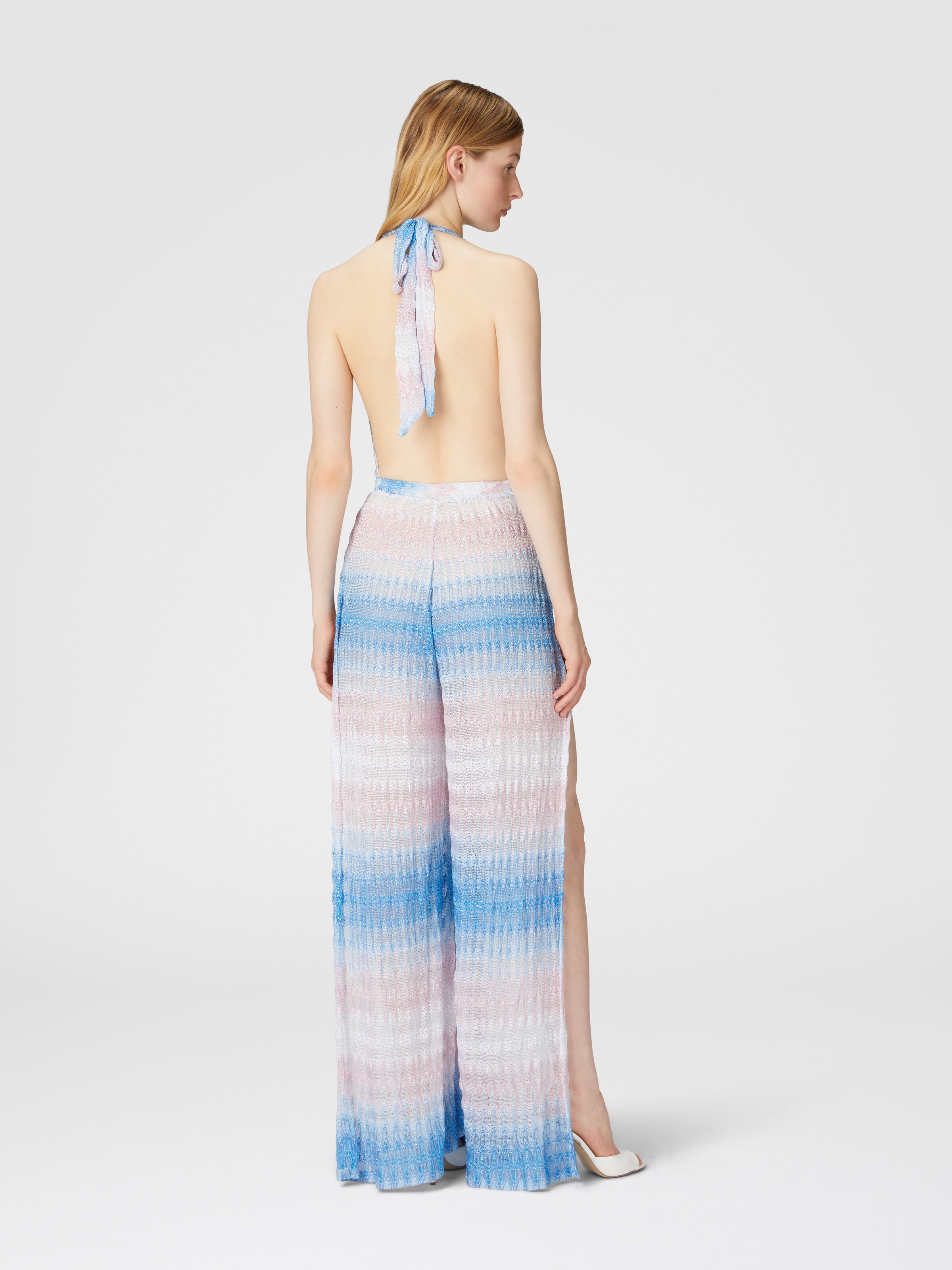 Tuta lunga con pantaloni palazzo in pizzo dégradé, Blu & Rosa   - 2