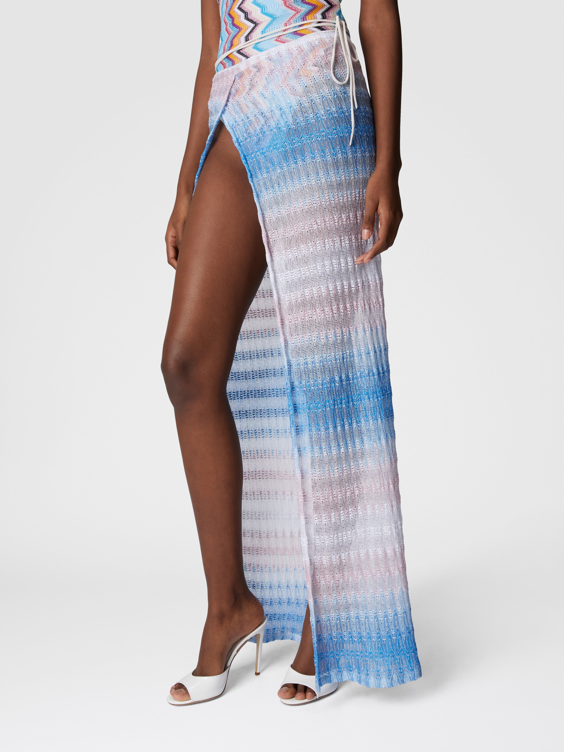 Long pareo skirt in dégradé lace, Blue & Pink   - 4