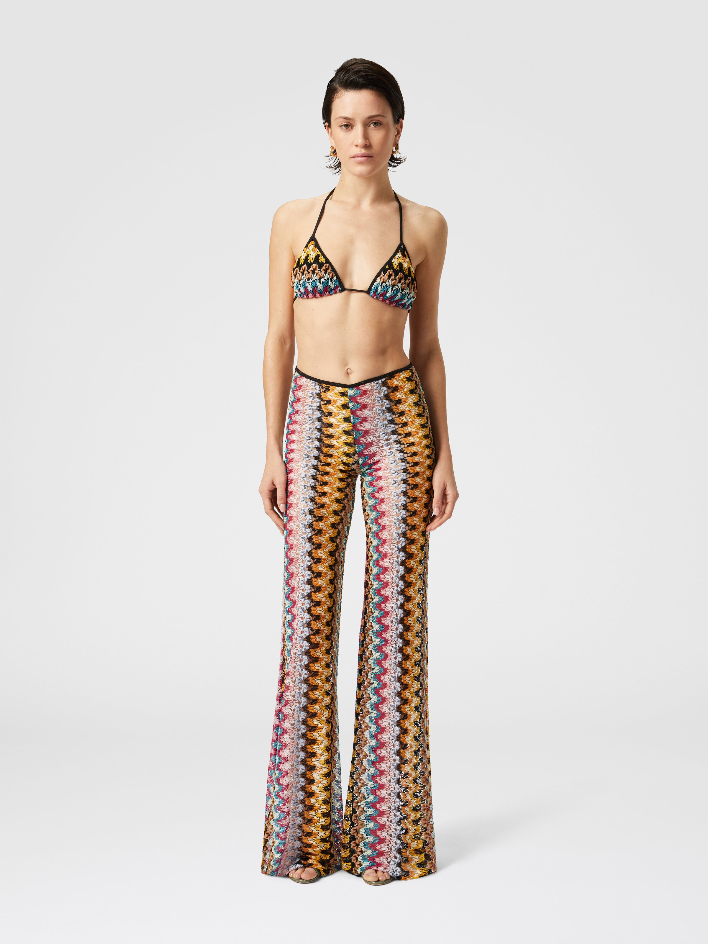 Low-rise flared trousers in lamé viscose lace, Multicoloured  - 1