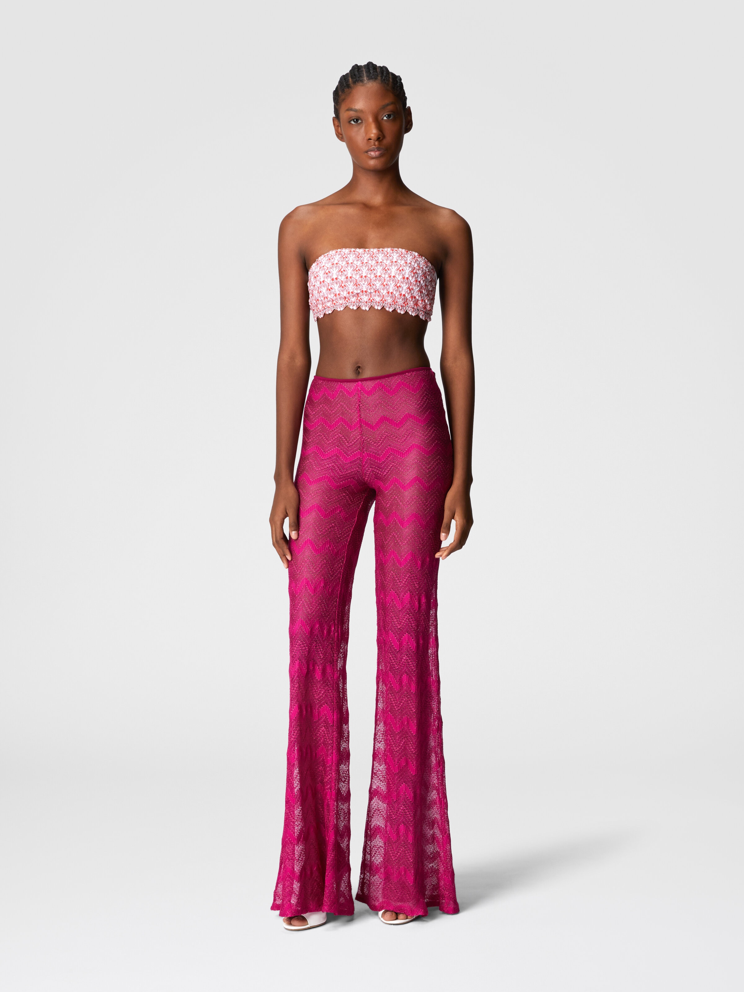Pantaloni copricostume flare in viscosa zig zag lamé, Viola  - 1