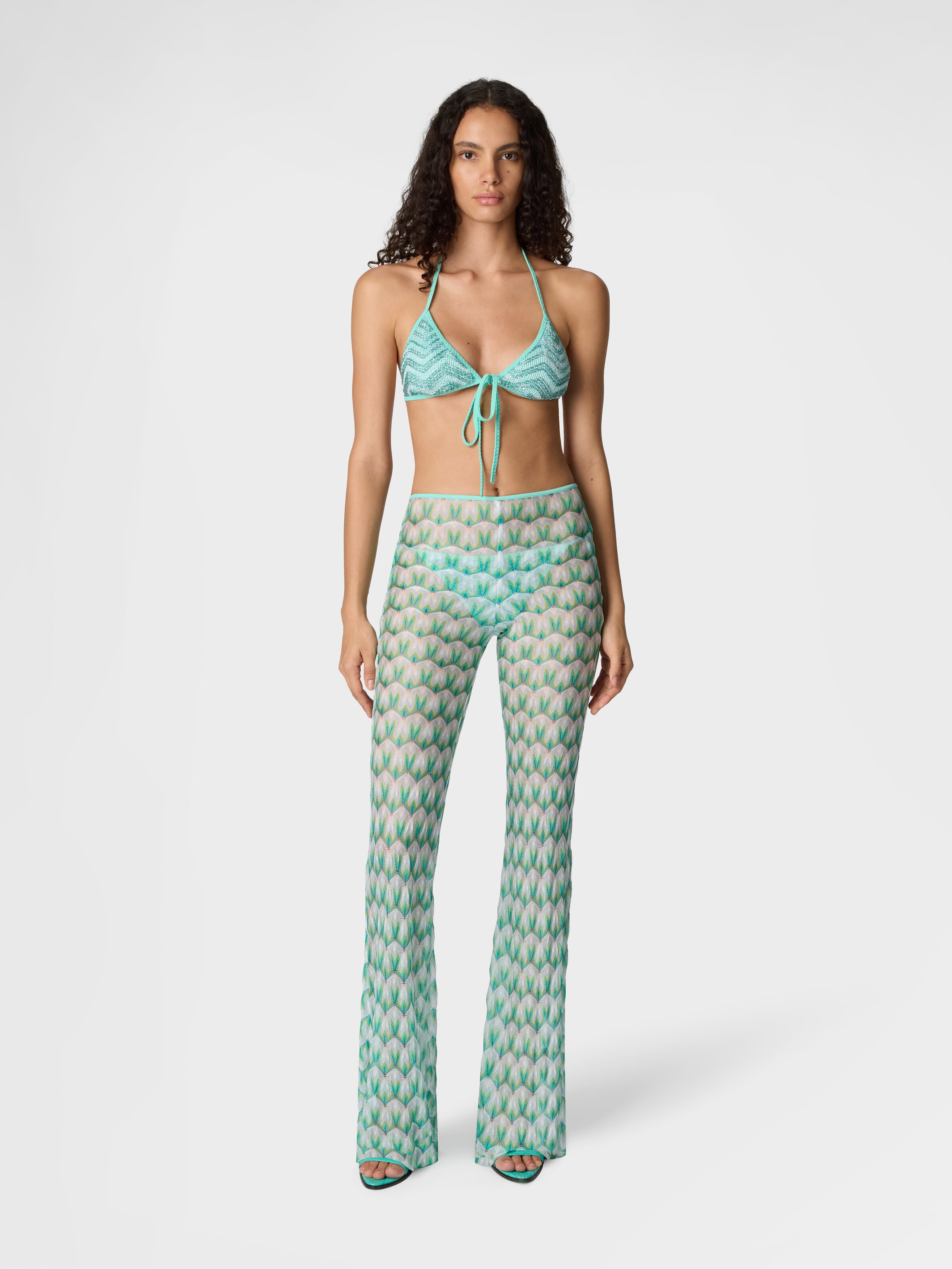 Flared trousers in floral-pattern viscose, Multicoloured  - 1