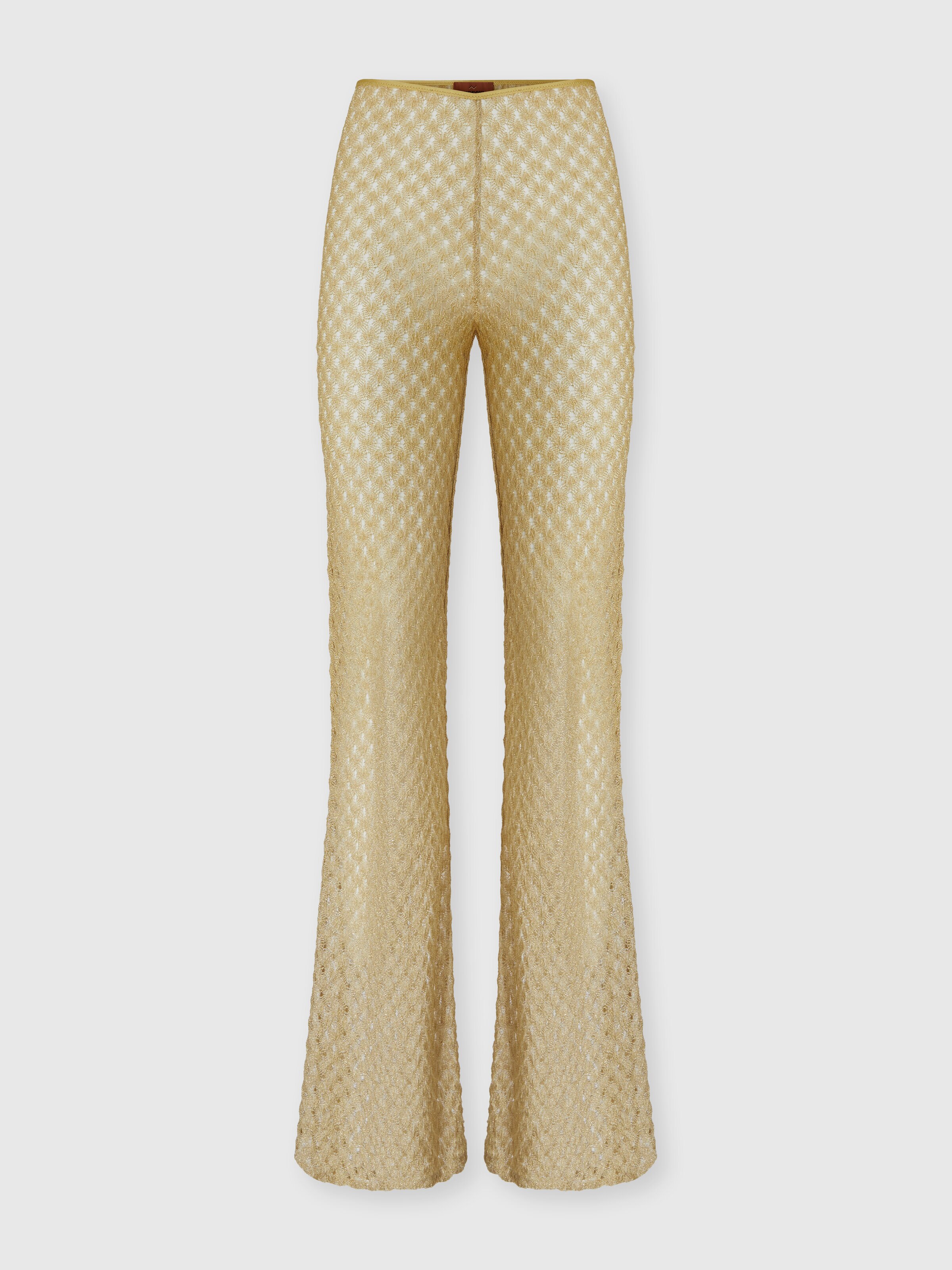 Pantalones acampanados en viscosa lamé con trabajo raschel, Dorado - 0