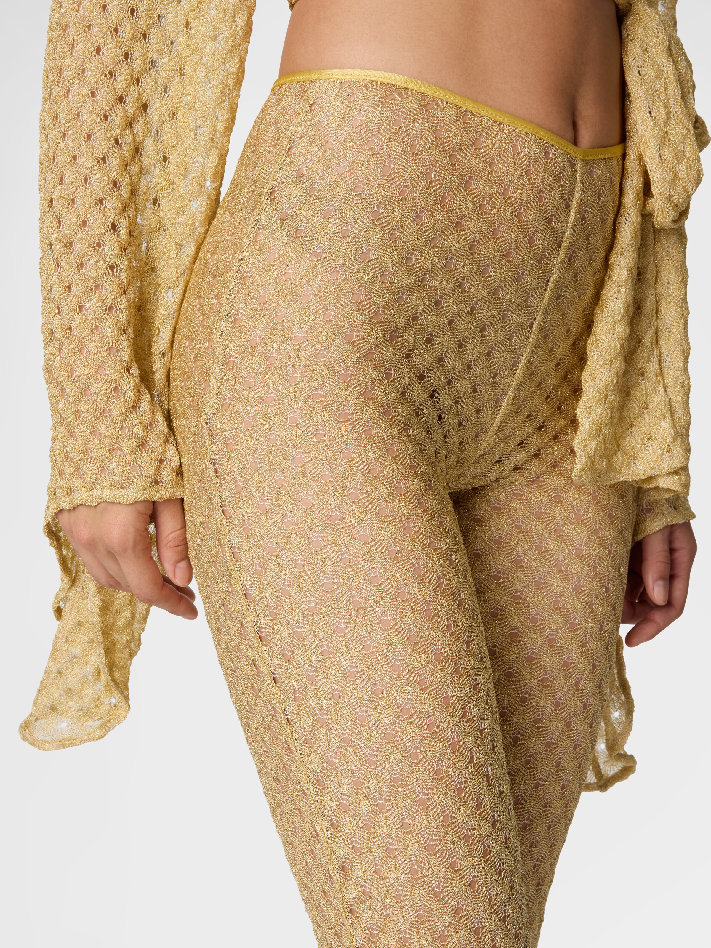 Pantalones acampanados en viscosa lamé con trabajo raschel, Dorado - 4