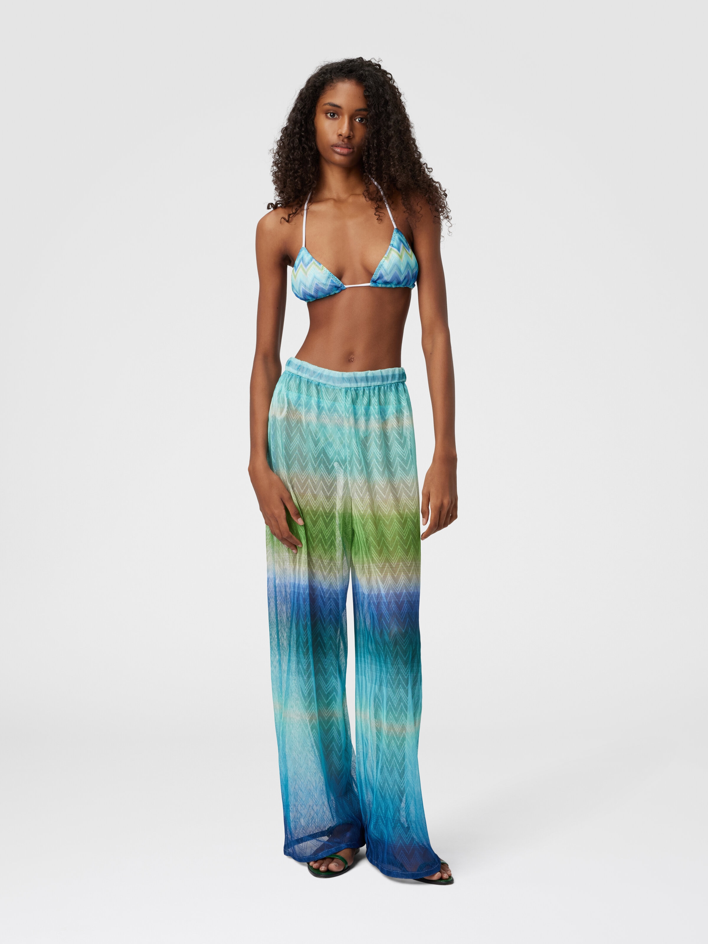 Straight Pants with Faded Striped Pattern, Blue & Green - 1