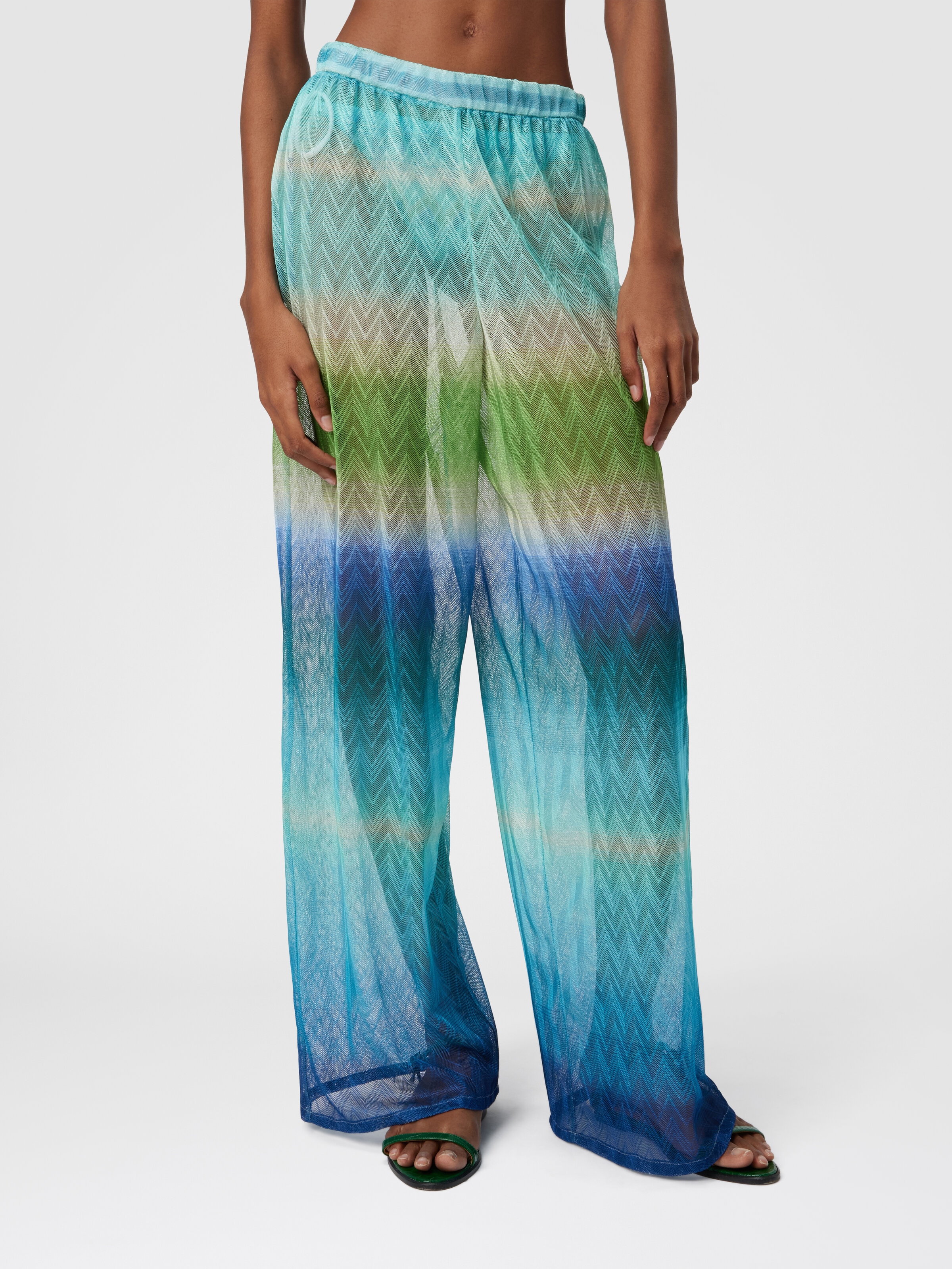 Straight Pants with Faded Striped Pattern, Blue & Green - 3