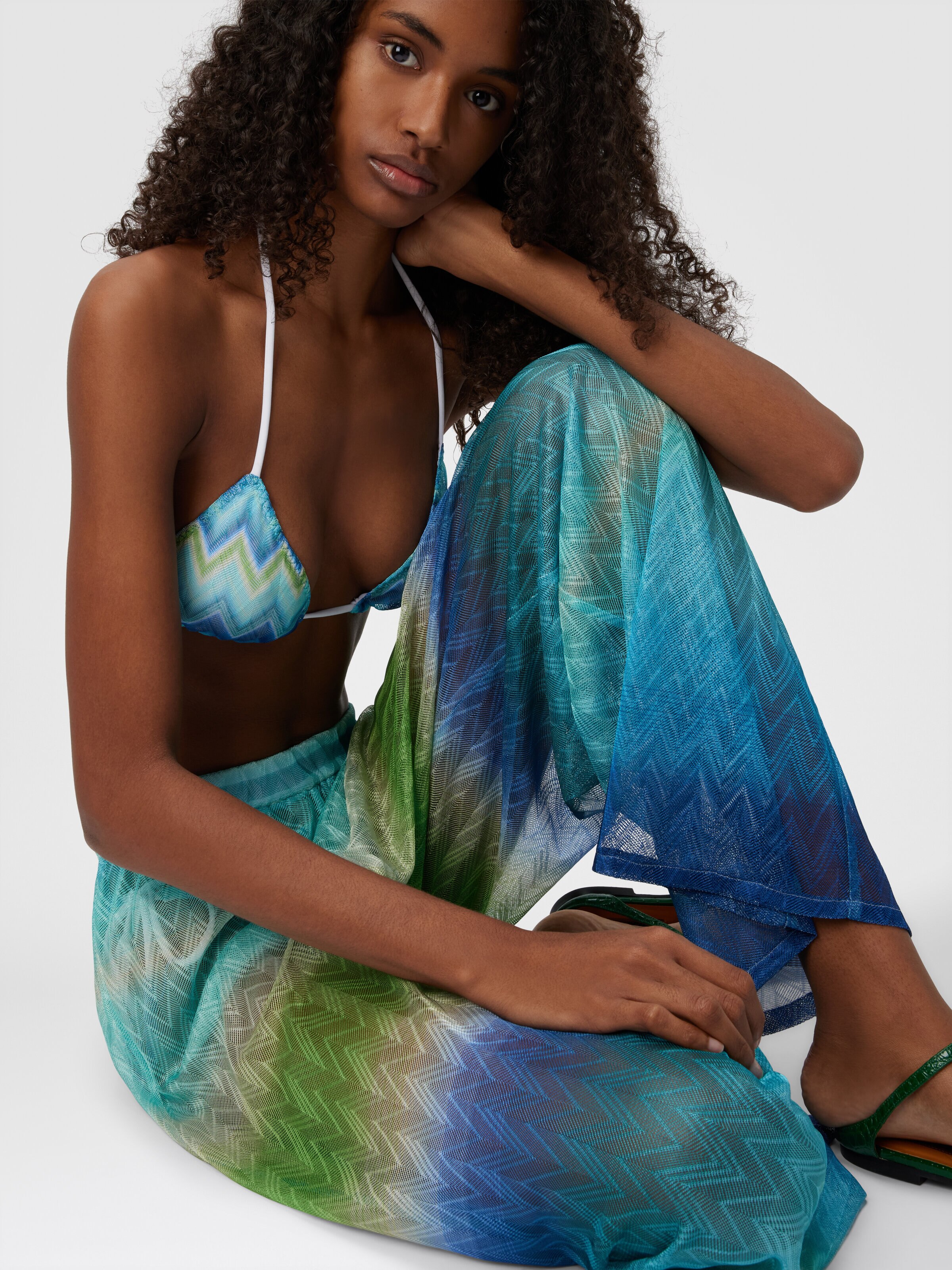 Straight Pants with Faded Striped Pattern, Blue & Green - 4