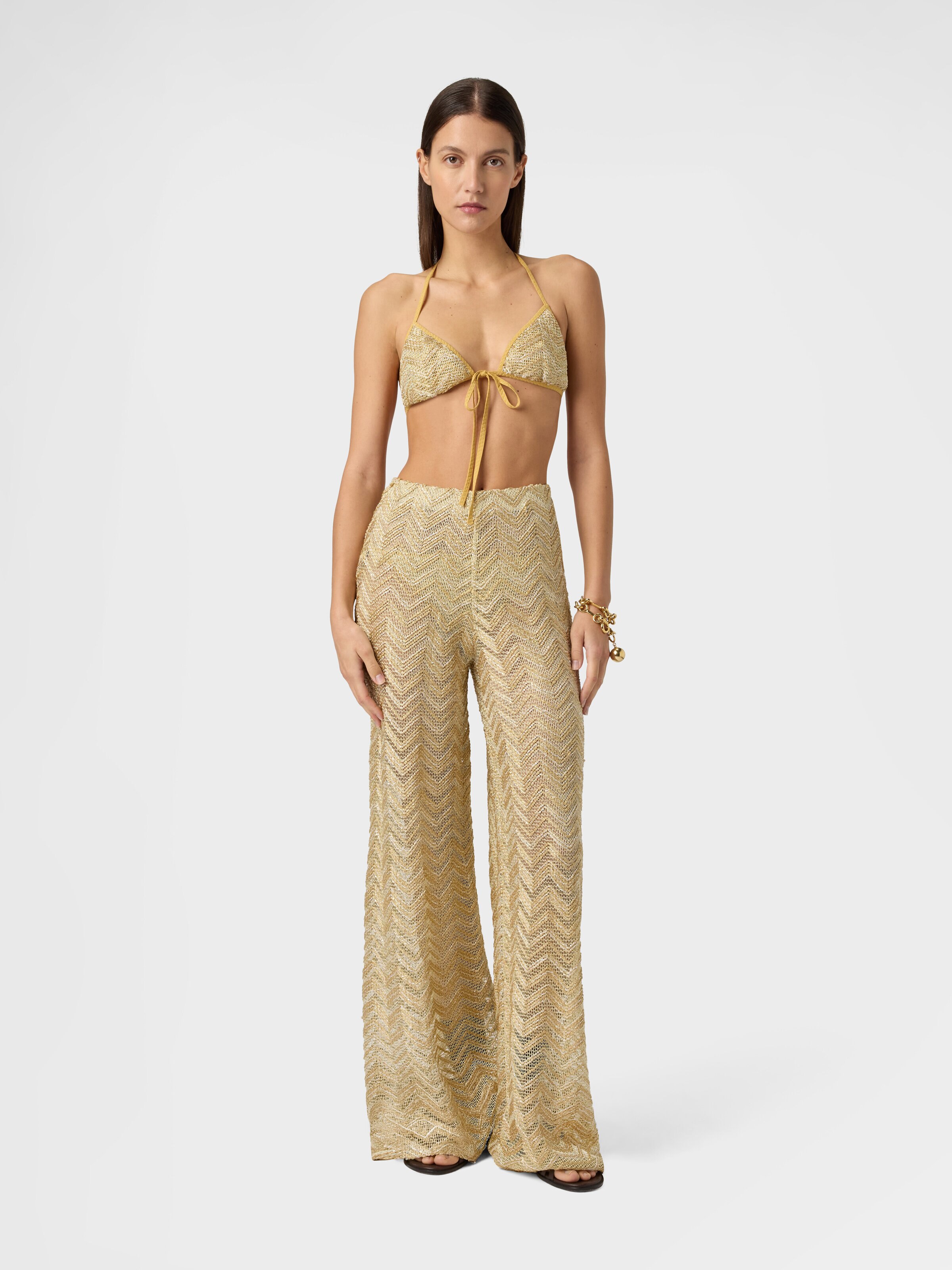 Pantalones amplios de red con motivo zigzag y lentejuelas, Dorado - 1