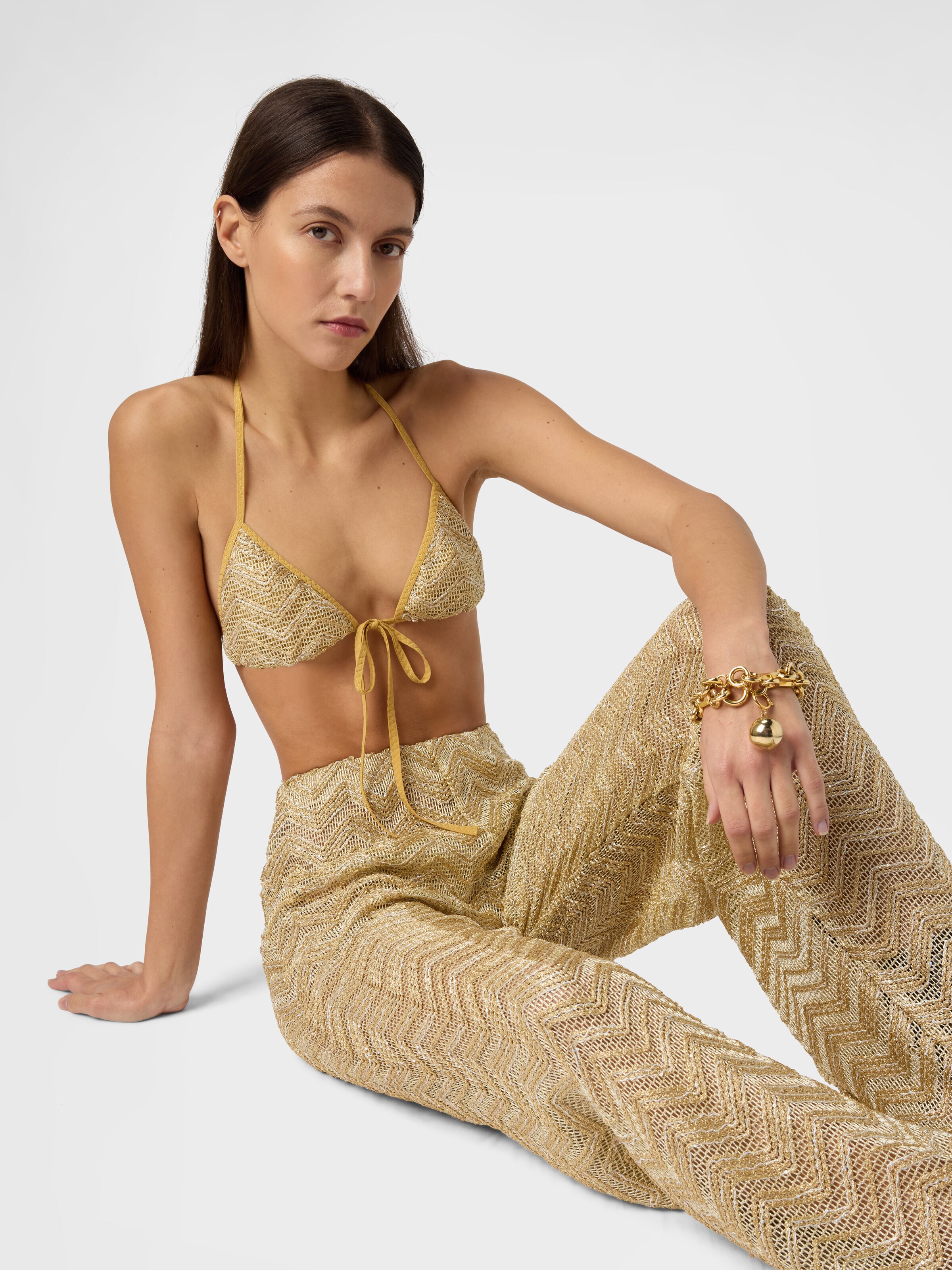 Pantalones amplios de red con motivo zigzag y lentejuelas, Dorado - 3